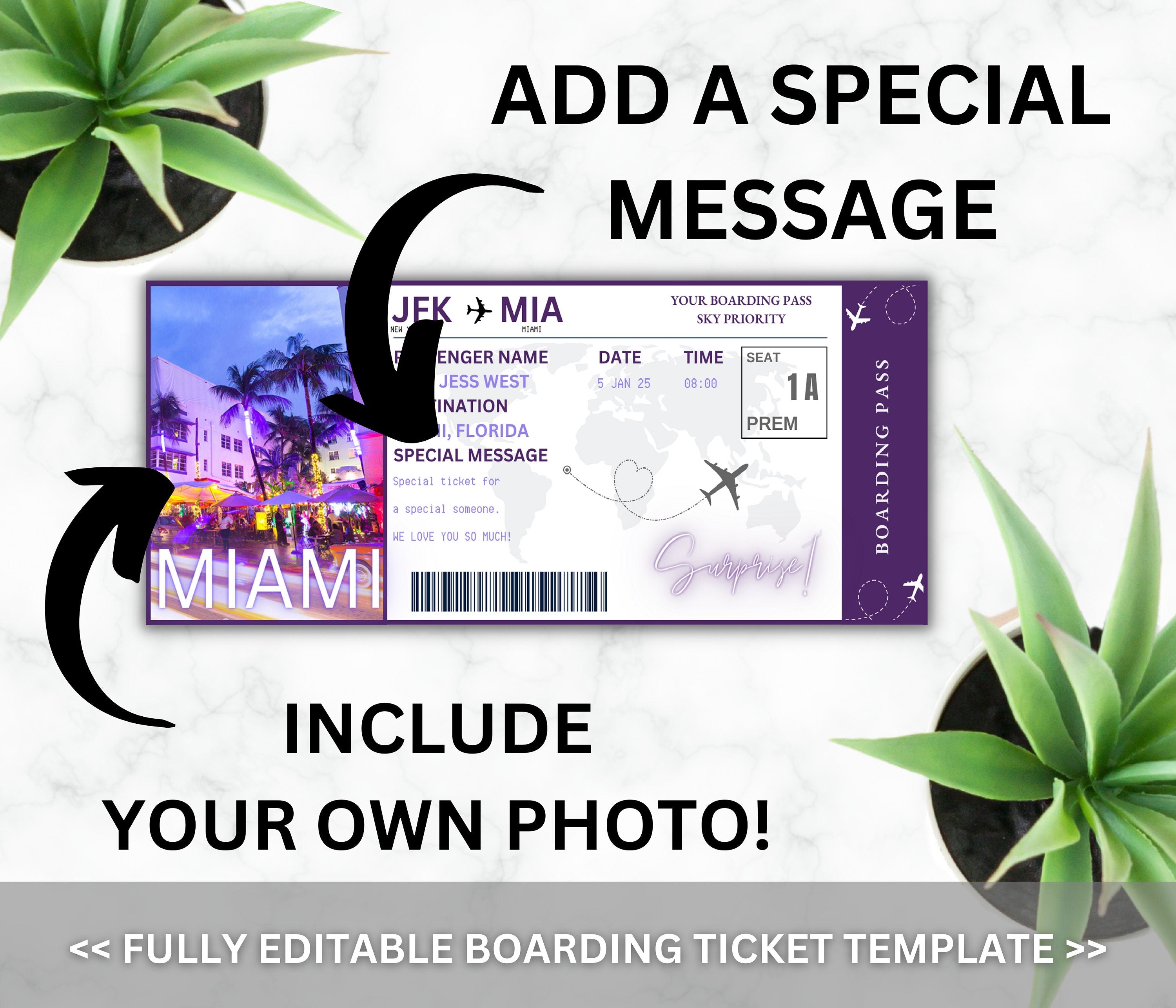 Editable Miami Boarding Pass Template, Surprise Vacation Gift (DIY Canva)