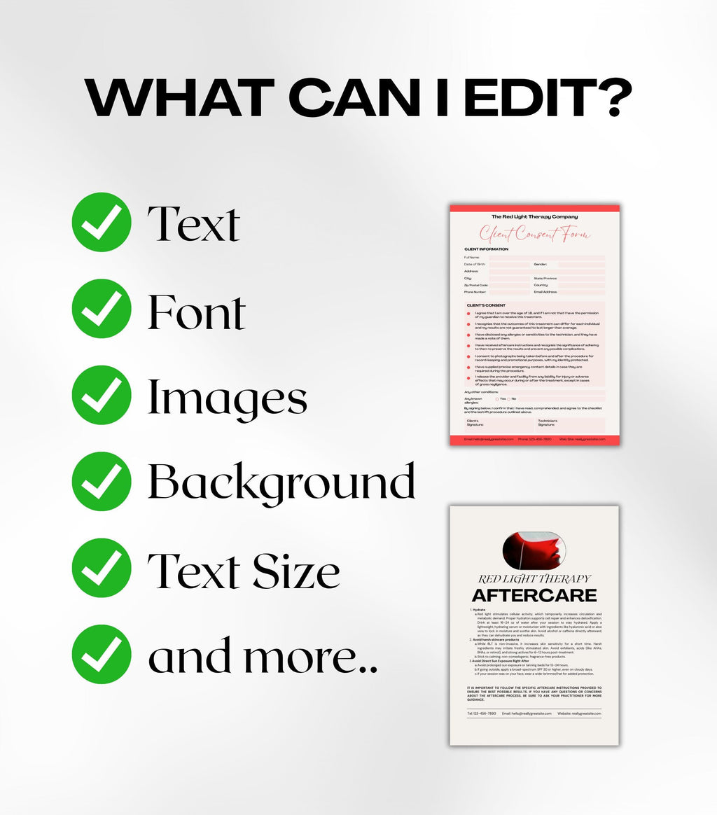 Red Light Therapy Business Forms, Red Light Therapy Consultation Forms, Red Light Therapy Aftercare, Consent Form, Aftercare Instructions