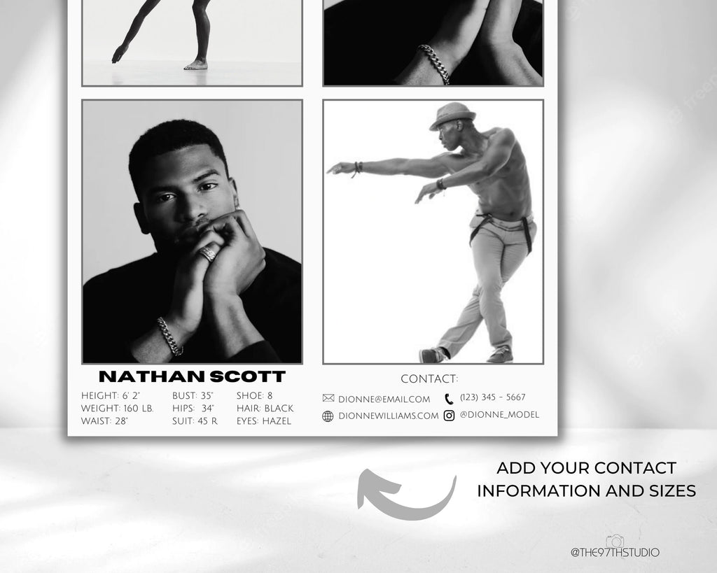 Male Model COMP CARD Template, Modeling Photocard, Zed Card for Models, Z Card, Fashion Resume Card, Modeling Comp Card, Editable Template