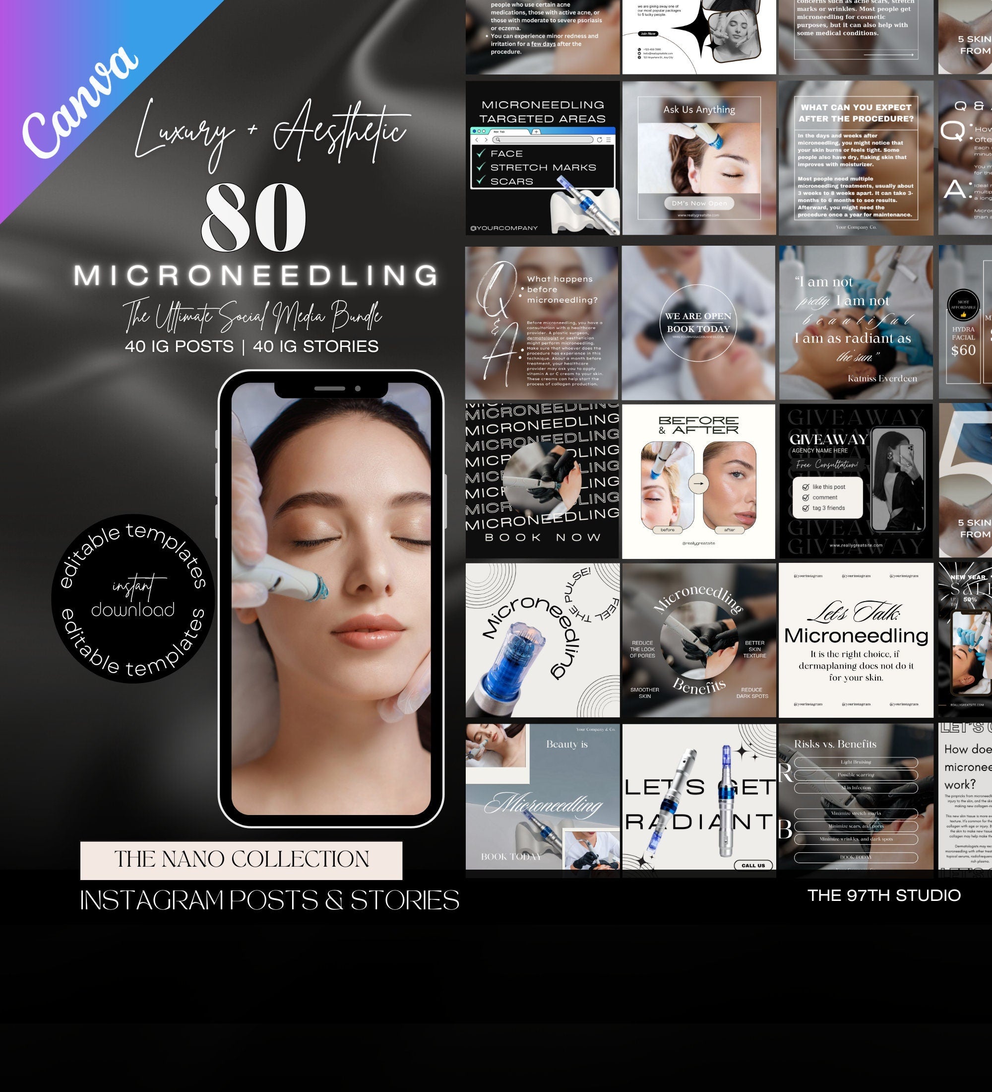 Microneedling Instagram Posts | Esthetician Instagram | Medspa Instagram | Tattoo Artist | Beauty Business | RF Microneedling | Skincare