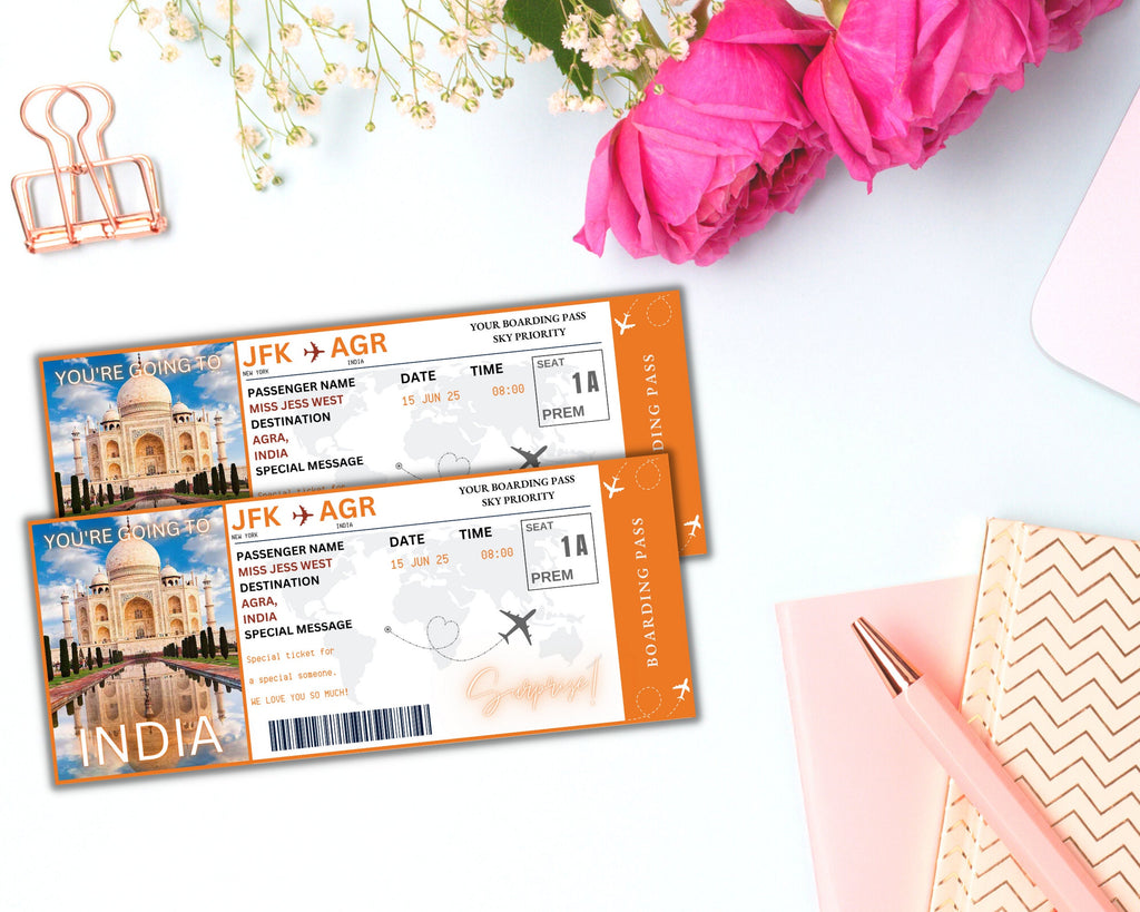 EDITABLE India Surprise Boarding Ticket Template Pass,India Canva Boarding Pass,Plane Ticket to Ride Vacation Trip Flight Gift Coupon Vol. 1