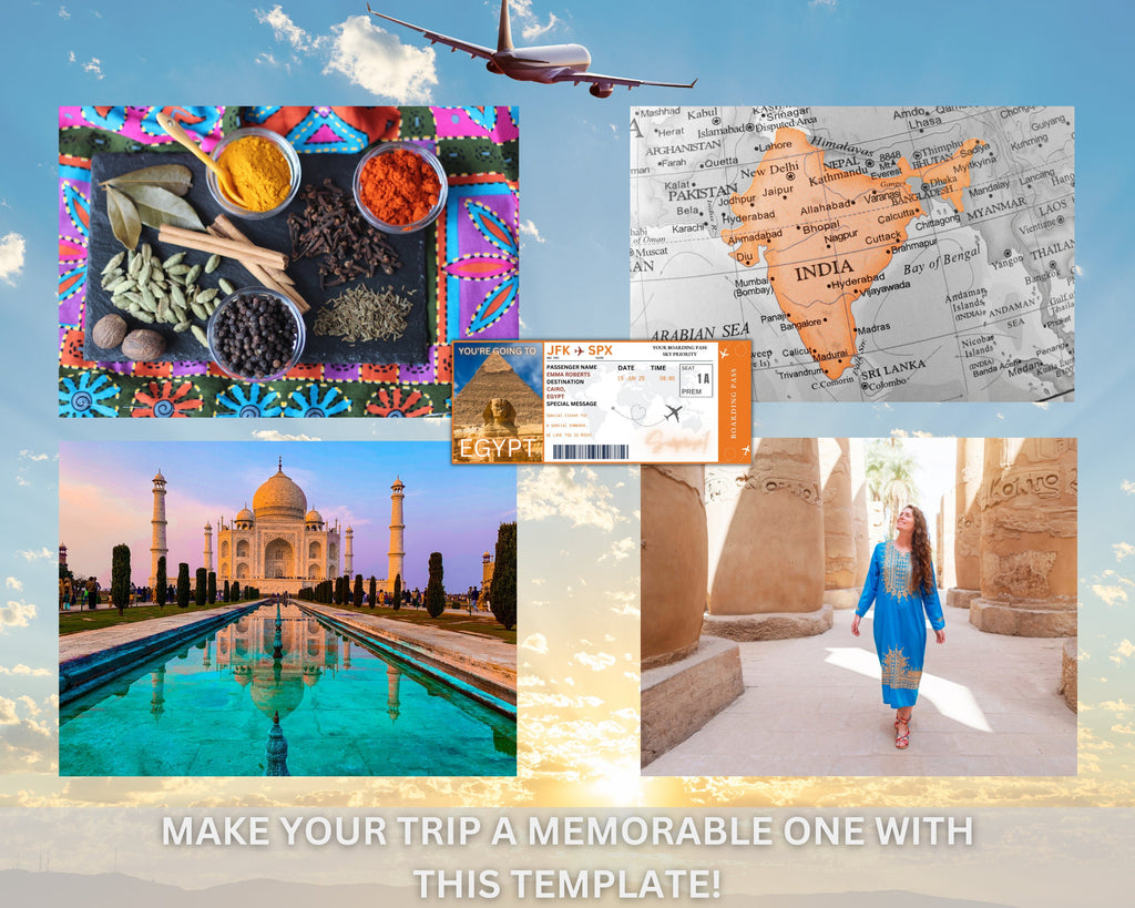 EDITABLE India Surprise Boarding Ticket Template Pass,India Canva Boarding Pass,Plane Ticket to Ride Vacation Trip Flight Gift Coupon Vol. 1
