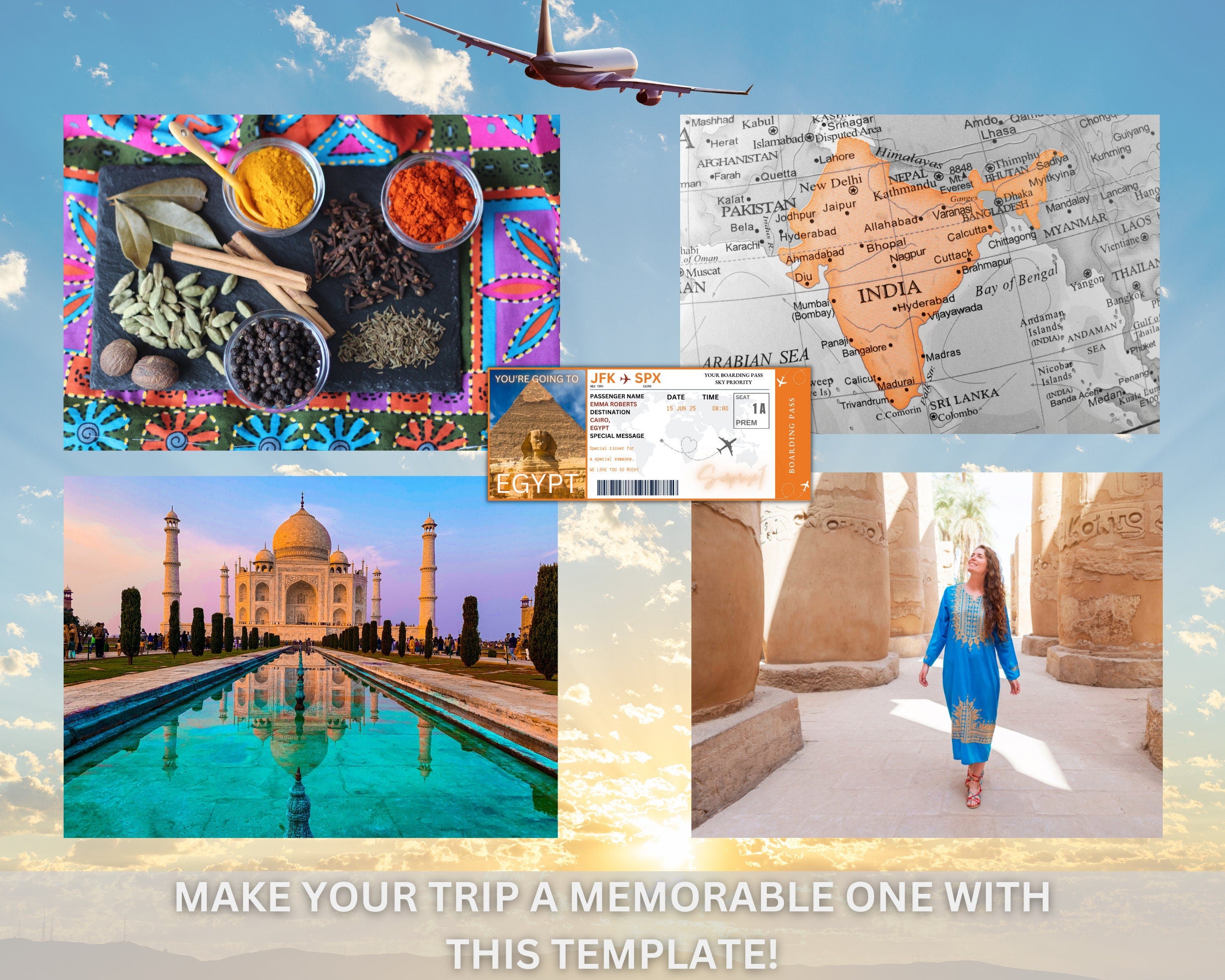 EDITABLE India Surprise Boarding Ticket Template Pass,India Canva Boarding Pass,Plane Ticket to Ride Vacation Trip Flight Gift Coupon Vol. 1