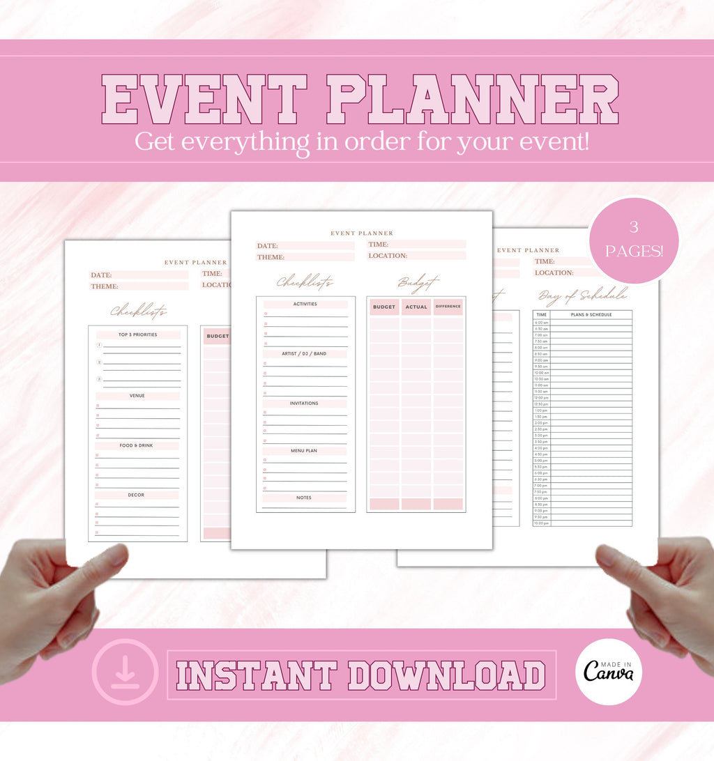Printable Event Planner Template, Party Planner, Birthday, Wedding, Bridal, Budget, Invites, Event Plan Set, Party Organizer, Letter Size