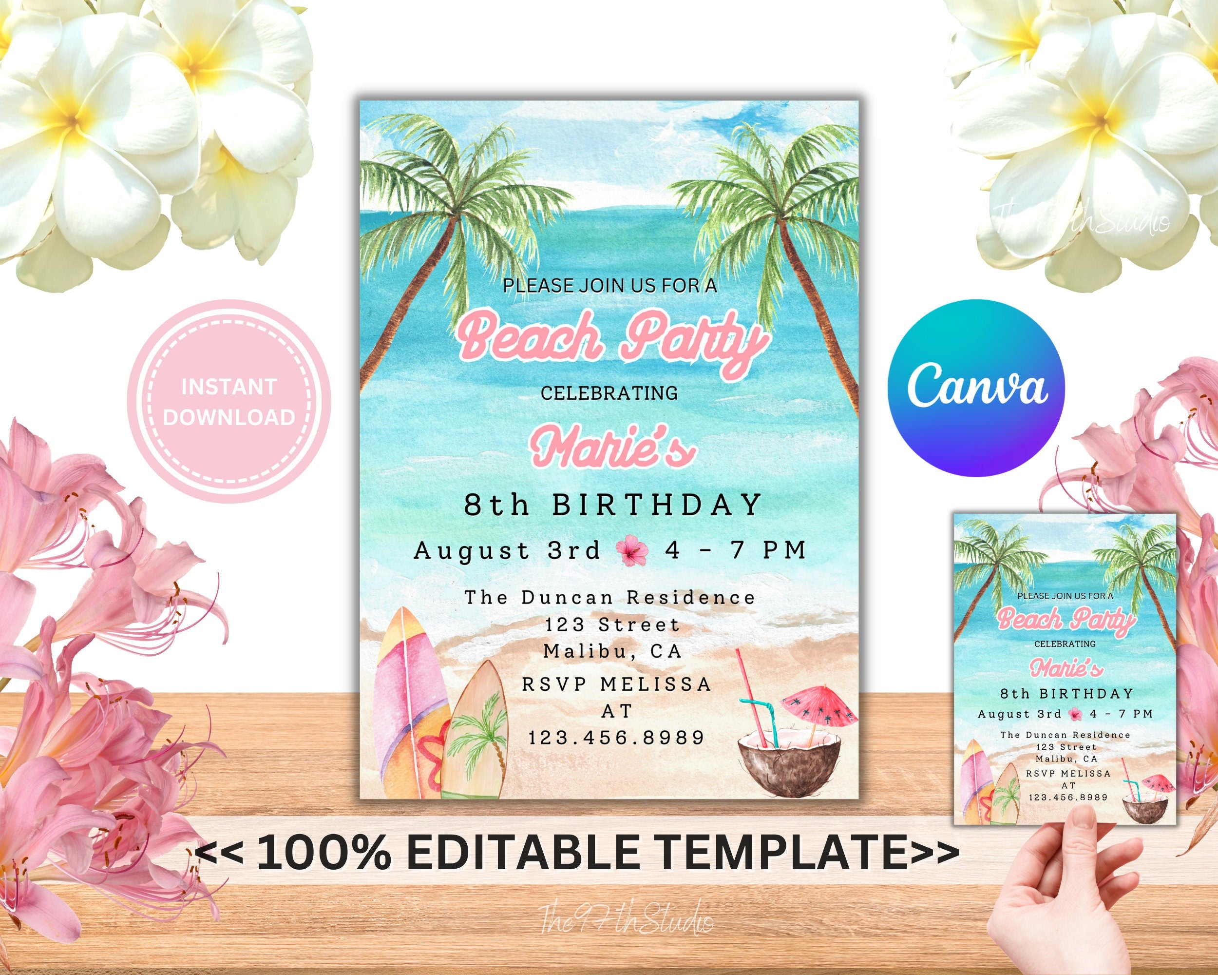 BEACH Birthday Invitation Template, Tropical Birthday Invite, Beach Birthday Invite, Itinerary Beach Palm Tree Swim Vacation DIY MARIE #001