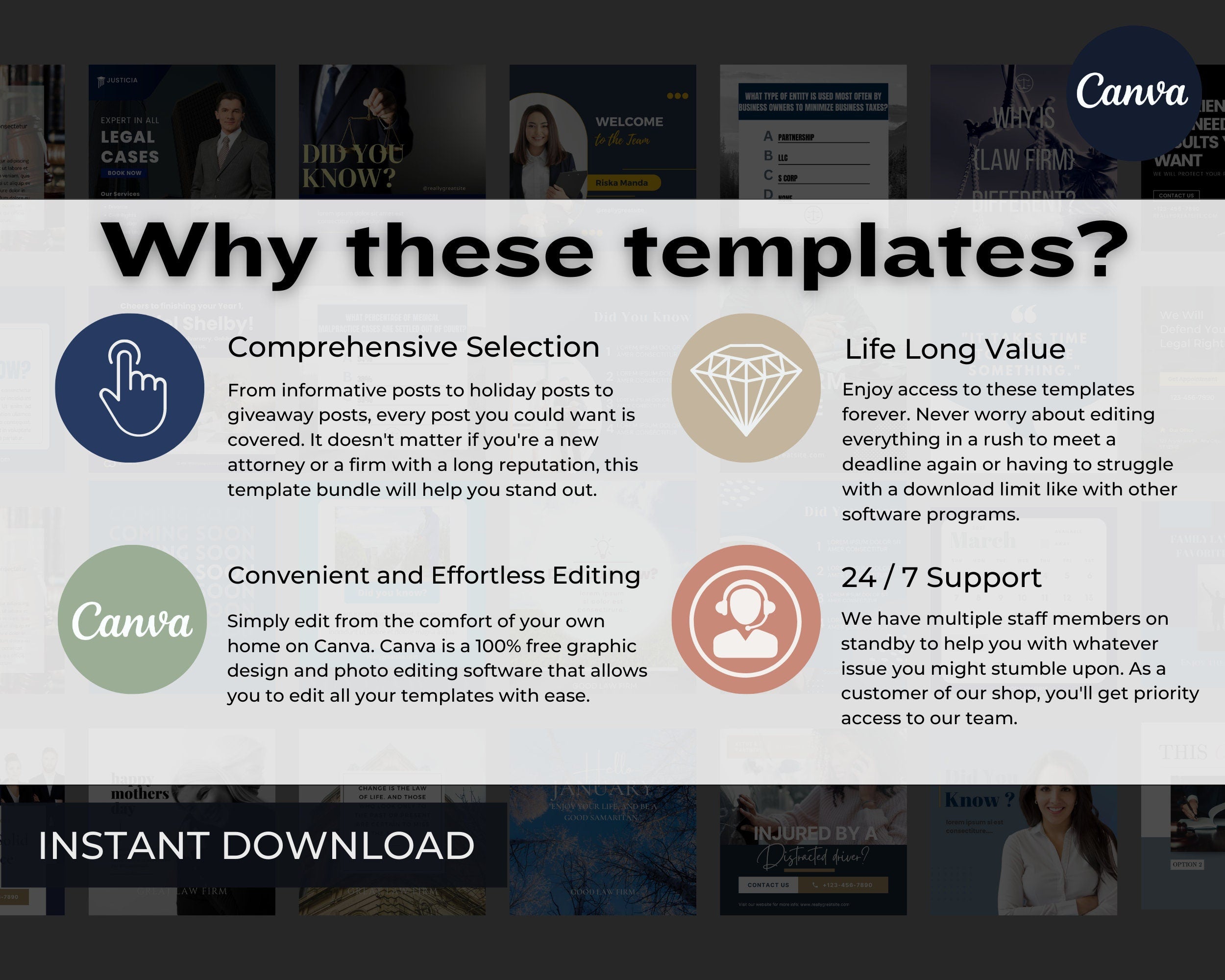 750+ LUXURY Lawyer INSTAGRAM Posts | Attorney Social Media Canva Templates | Law Firm Attorney Instagram Highlights Facebook Posts Hashtags
