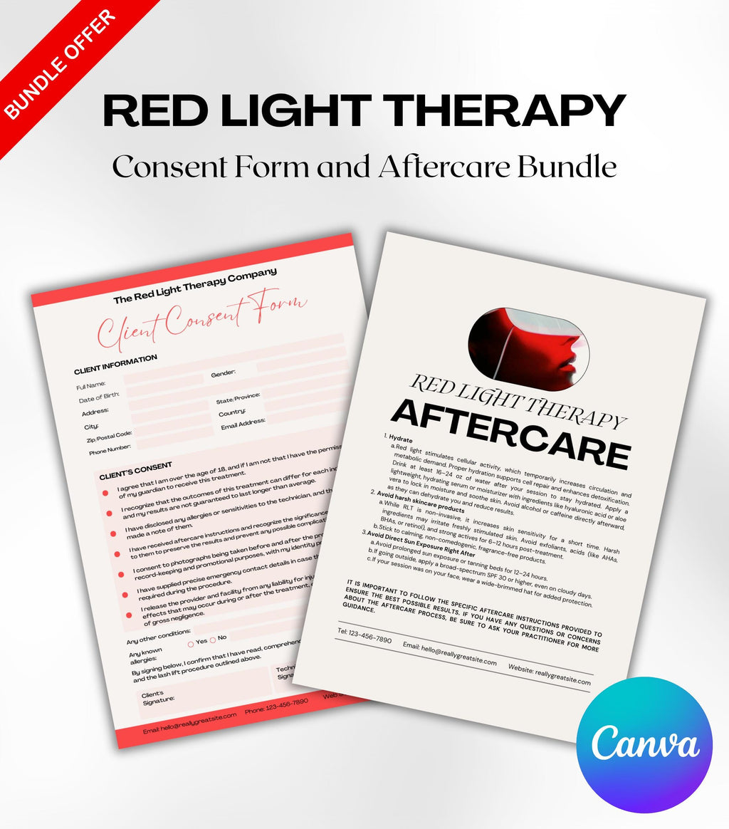 Red Light Therapy Business Forms, Red Light Therapy Consultation Forms, Red Light Therapy Aftercare, Consent Form, Aftercare Instructions