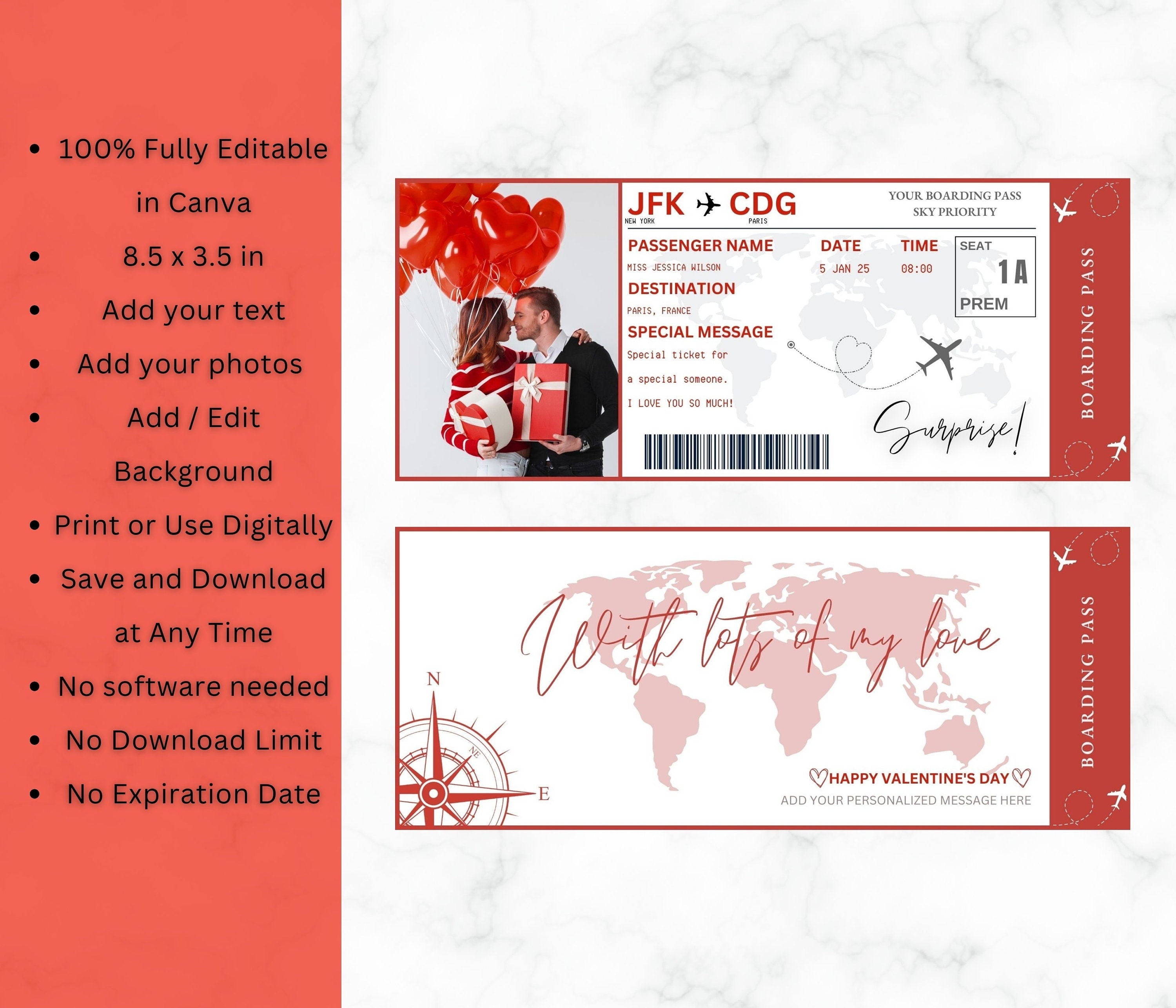 Valentine's Day Boarding Pass Template, Surprise Vacation Flight (PDF)