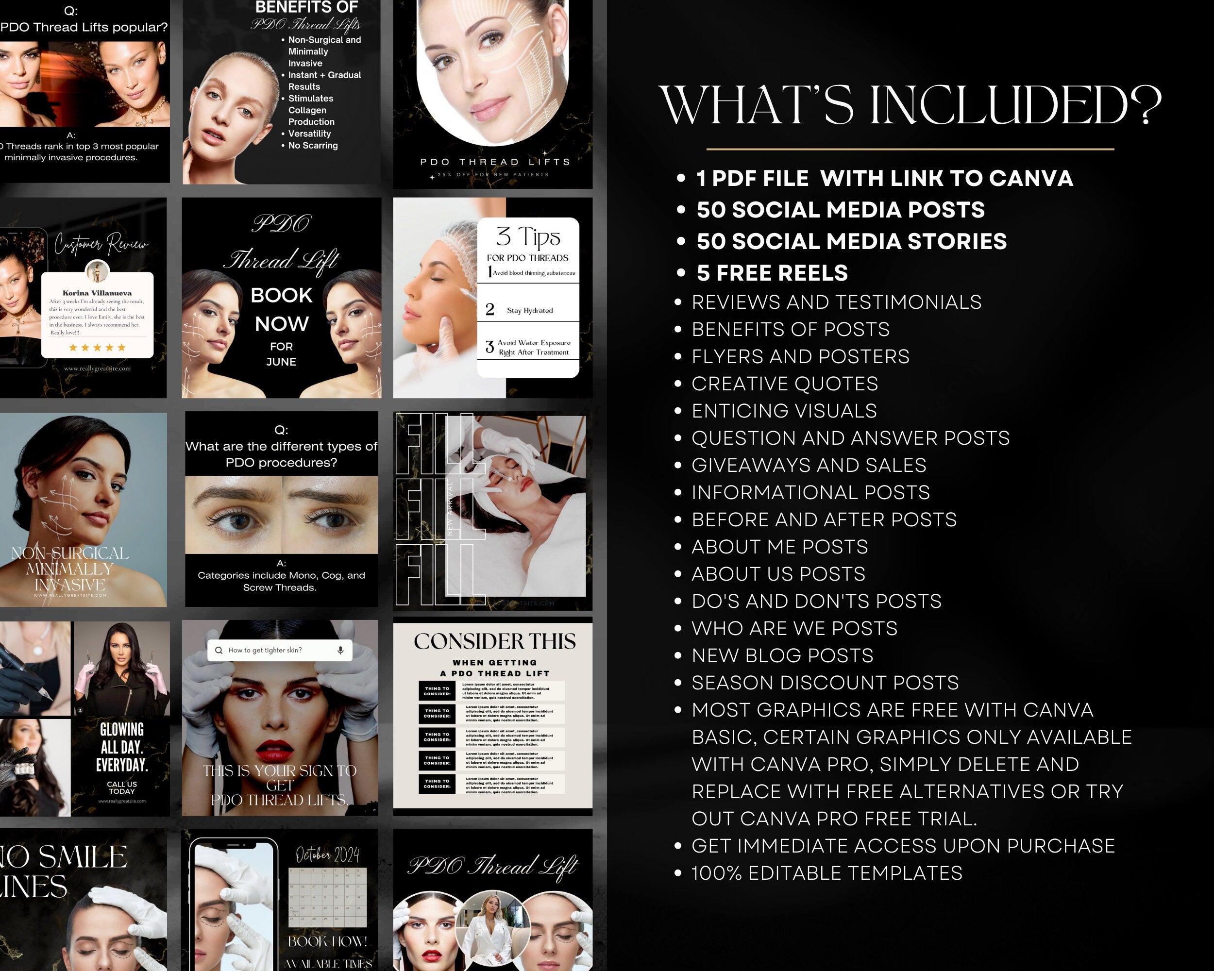 100 PDO Threads Instagram Templates | Nurse Injector Instagram | Facial Thread Lift Instagram | Medspa | Face Lift | Thread Lift | Luxury
