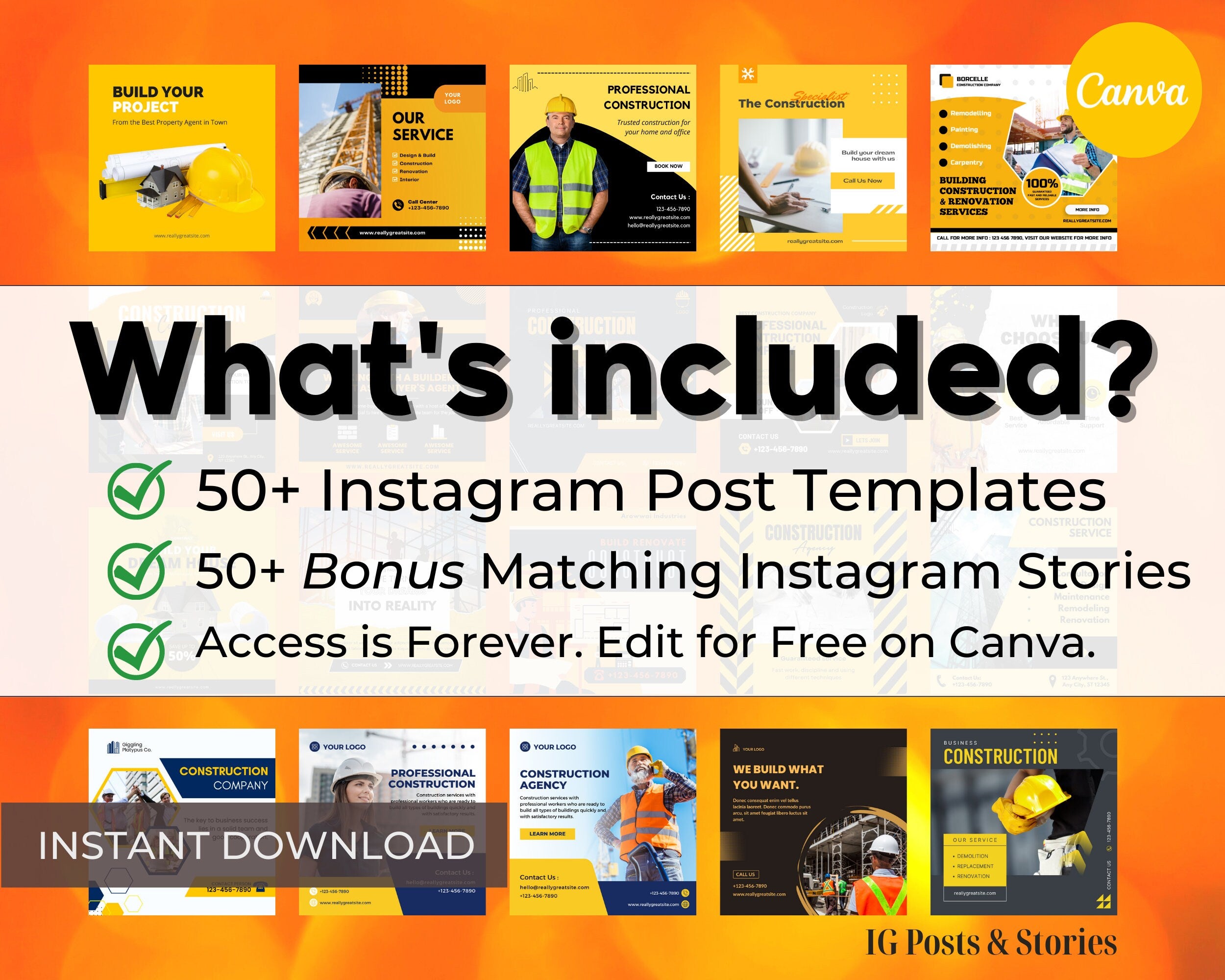 50+ Construction Templates for Social Media,Home Builders Instagram Template,Construction Company Templates, Canva Instant Digital Download