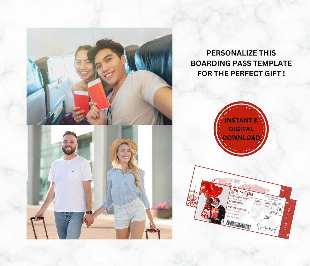 Valentine's Day Boarding Pass Template, Surprise Vacation Flight (PDF)