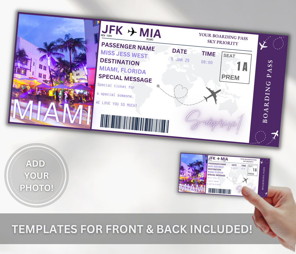 Editable Miami Boarding Pass Template, Surprise Vacation Gift (DIY Canva)
