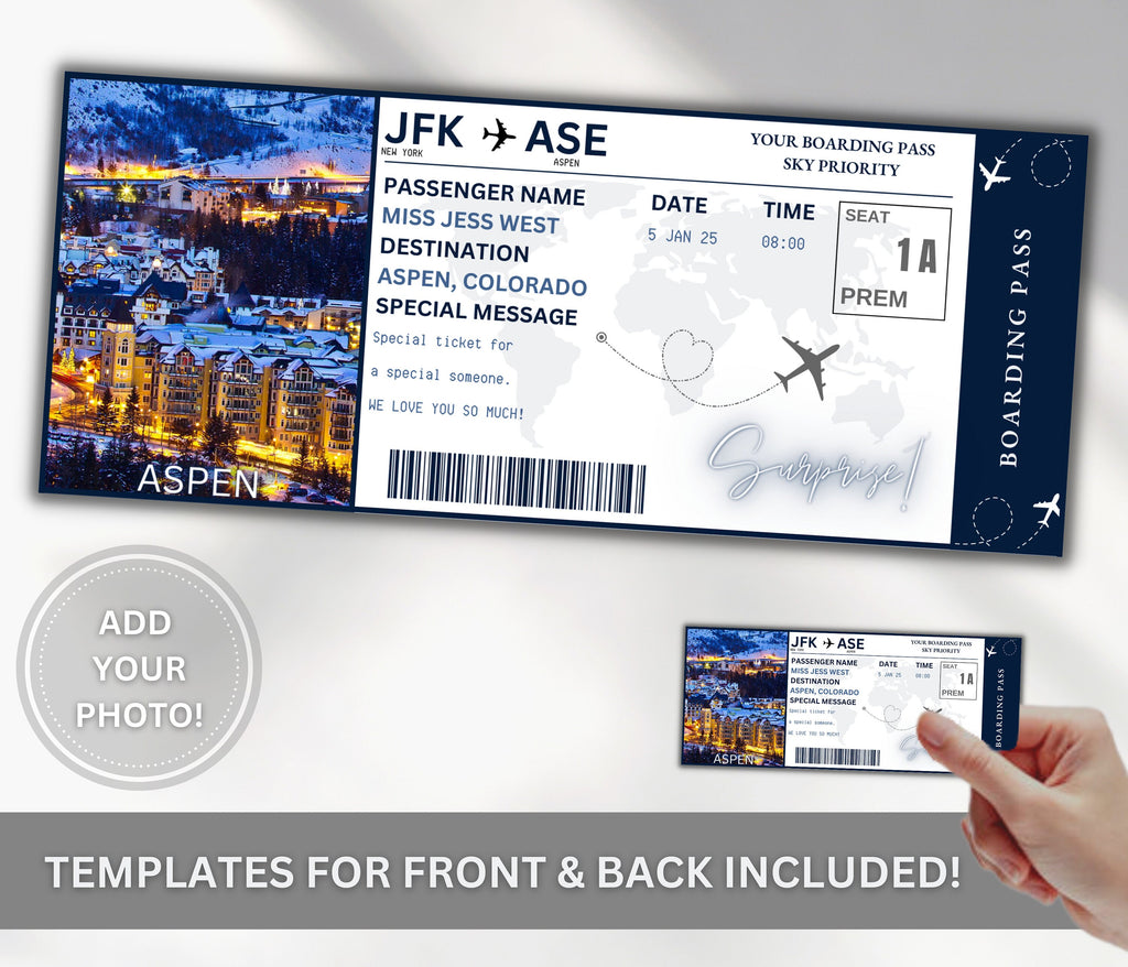 Aspen Surprise Boarding Pass Template, DIY Vacation Gift (Canva Editable)