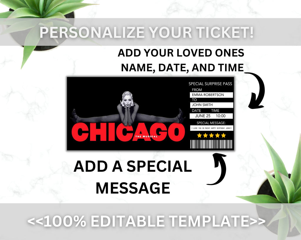 EDITABLE CHICAGO Broadway Surprise Ticket, Chicago Musical Collectible Theater Ticket, Chicago Musical Theatre Event Souvenir Ticket DIY