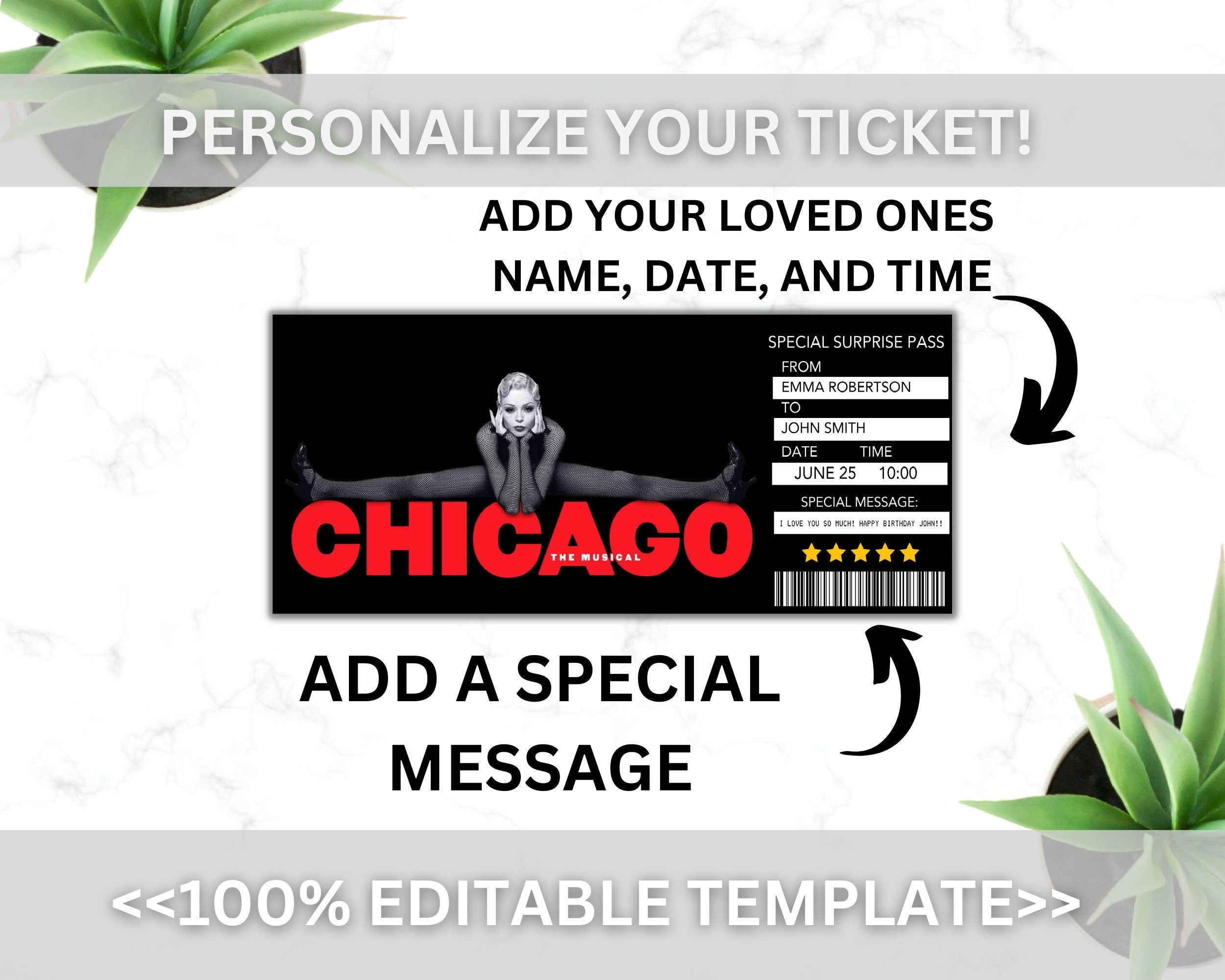 EDITABLE CHICAGO Broadway Surprise Ticket, Chicago Musical Collectible Theater Ticket, Chicago Musical Theatre Event Souvenir Ticket DIY