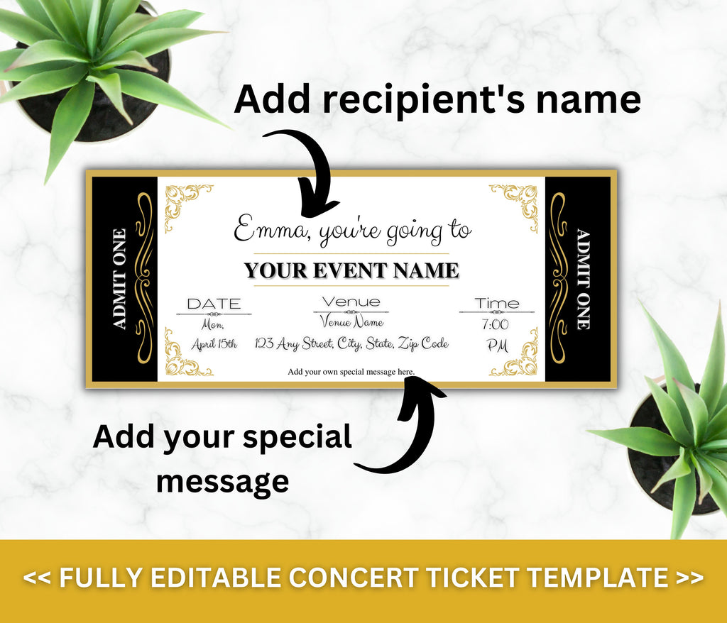 Event Ticket Template, EDITABLE DIY Event Printable, Surprise Getaway Invitation, Christmas, Gift for him, Musical Theatre Show Concert GOLD