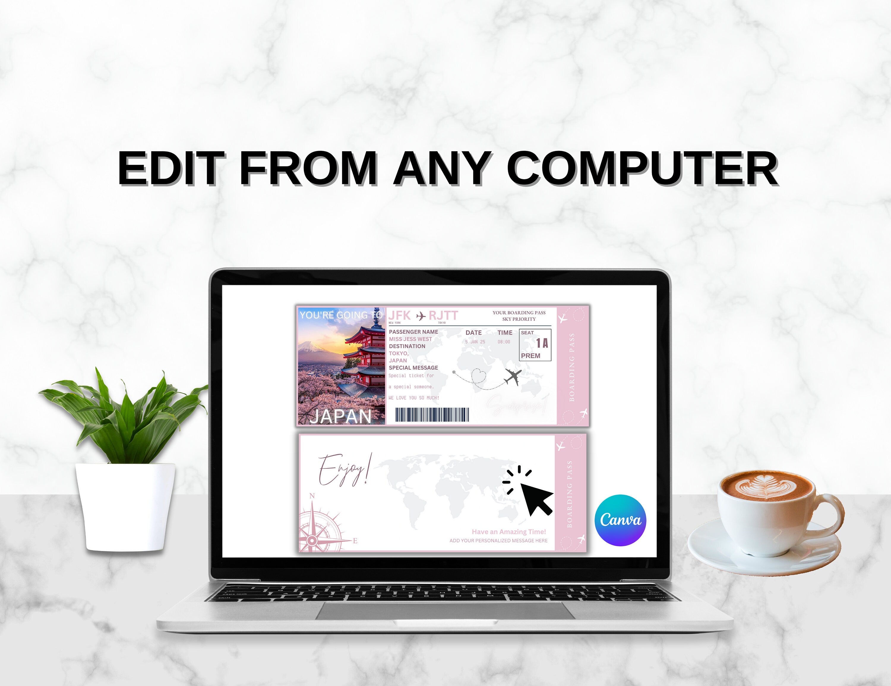 Editable Japan Boarding Pass Template, Surprise Vacation Ticket (Canva, Digital Download)