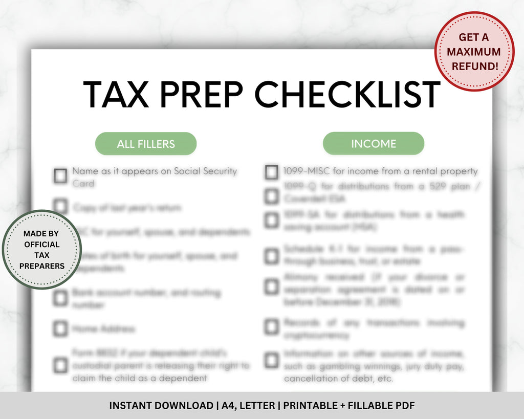 Tax Prep Checklist Tracker Printable, A4, Letter (Printable Fillable PDF)