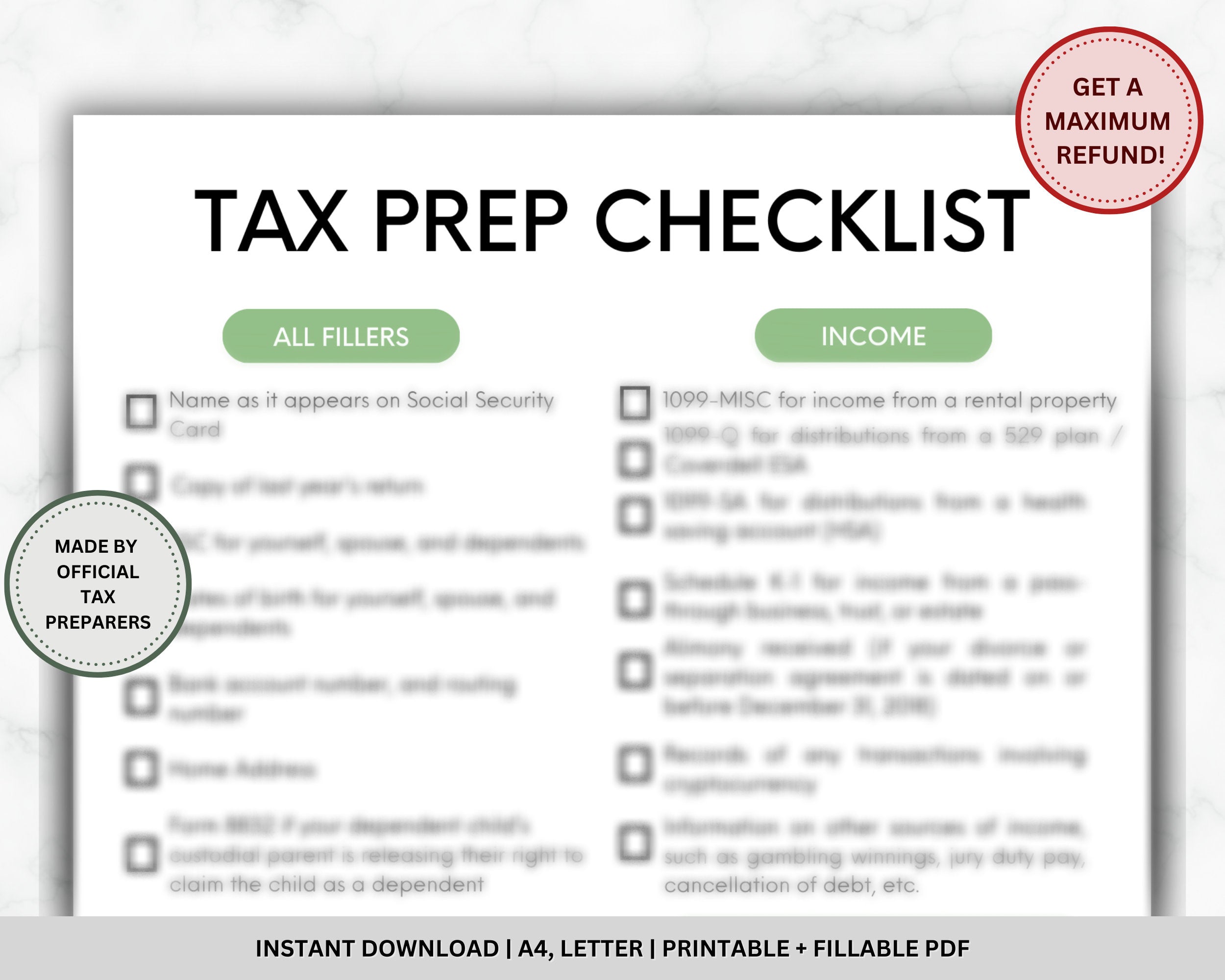 Tax Prep Checklist Tracker Printable, A4, Letter (Printable Fillable PDF)
