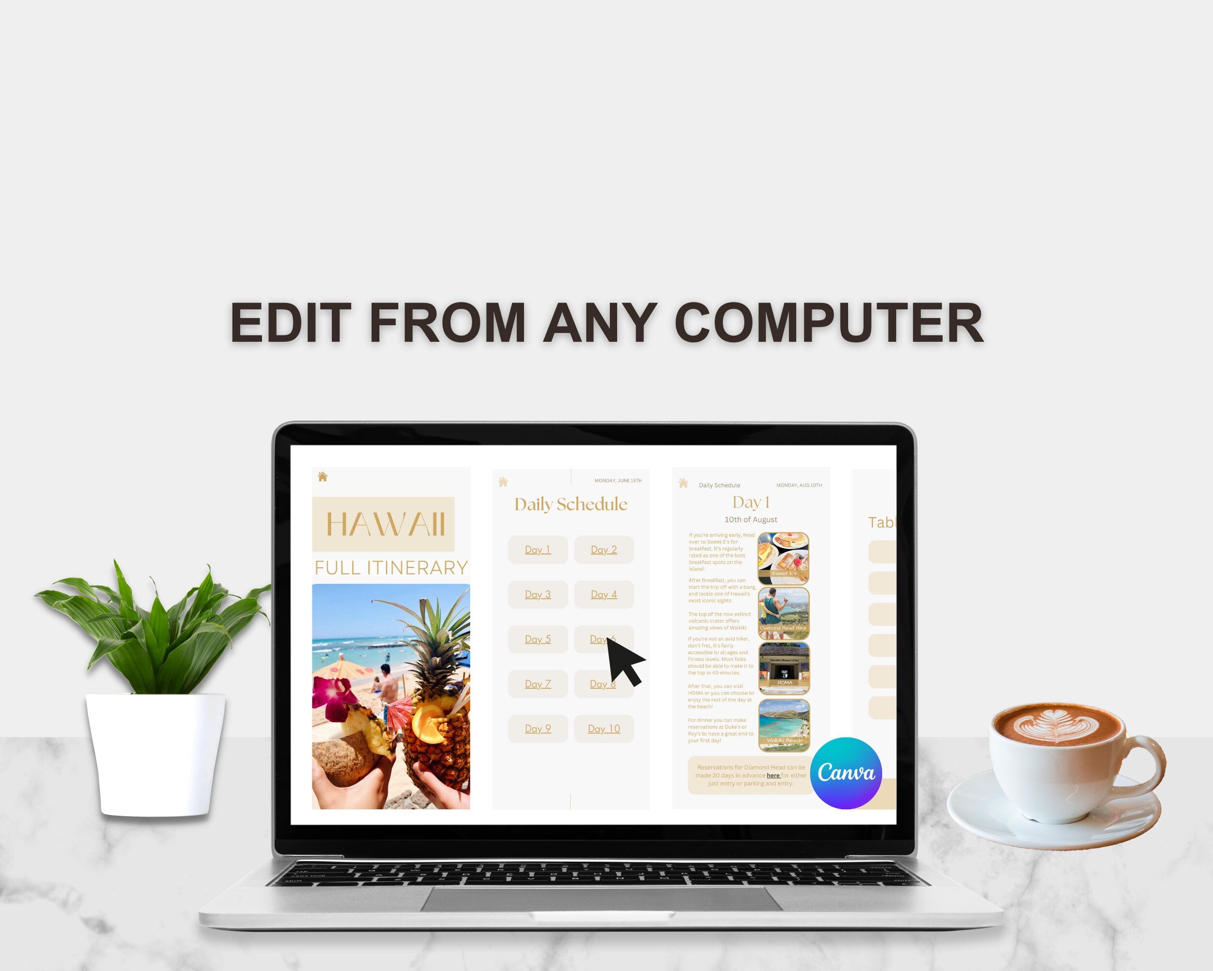 Editable Digital HAWAII Travel Itinerary, Digital Planner Modern Minimal, Travel Planner, Canva Template, Digital Template, Hawaii Itinerary
