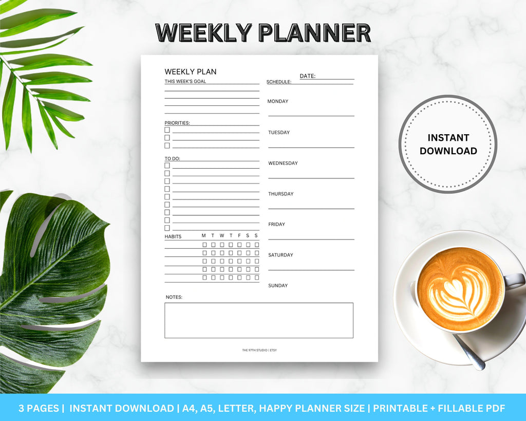 Daily, Weekly, Monthly Planner Printable Set (Instant Download)