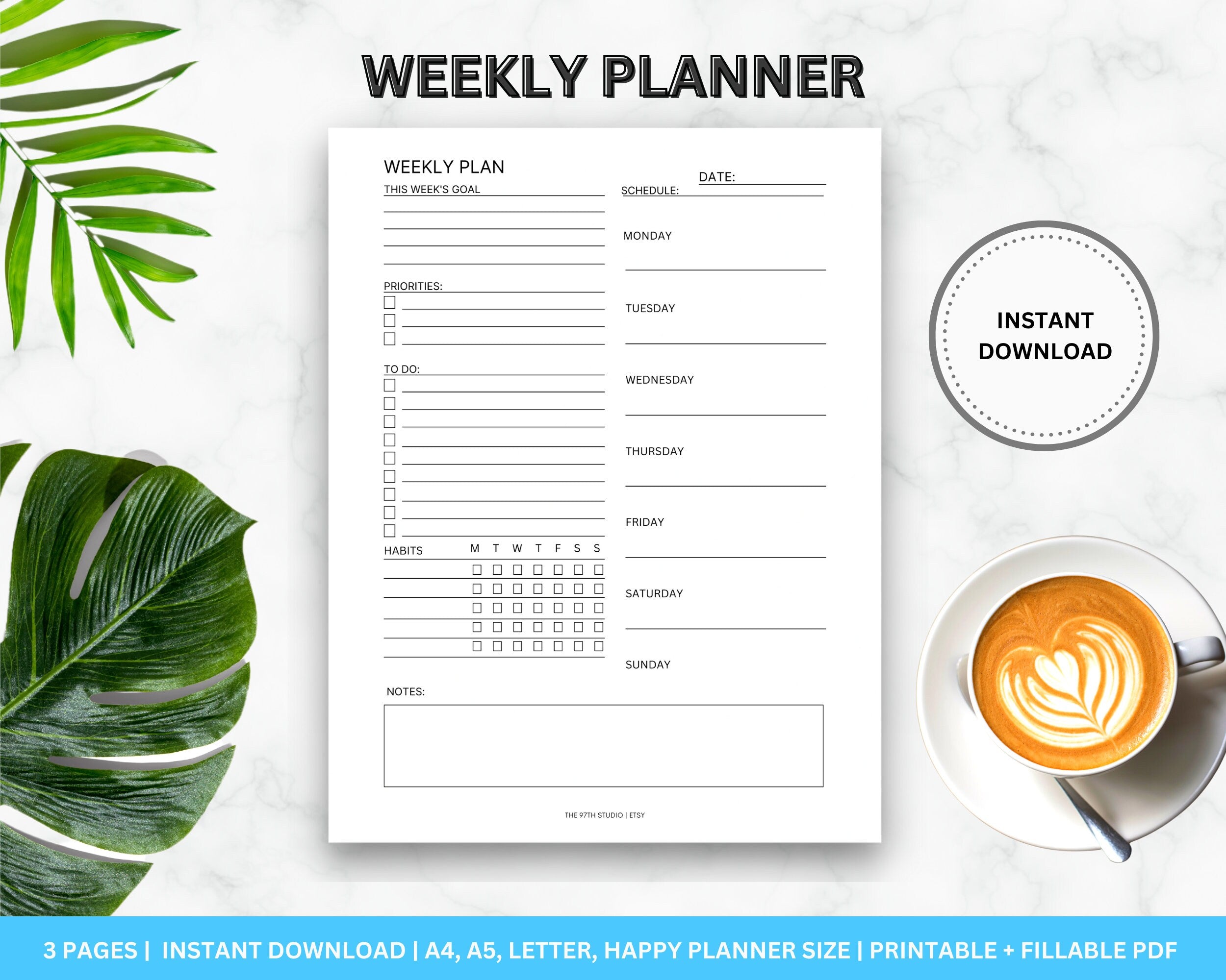Daily, Weekly, Monthly Planner Printable Set (Instant Download)