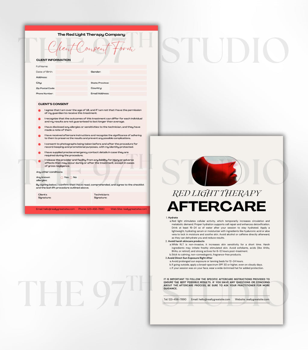 Red Light Therapy Business Forms, Red Light Therapy Consultation Forms, Red Light Therapy Aftercare, Consent Form, Aftercare Instructions