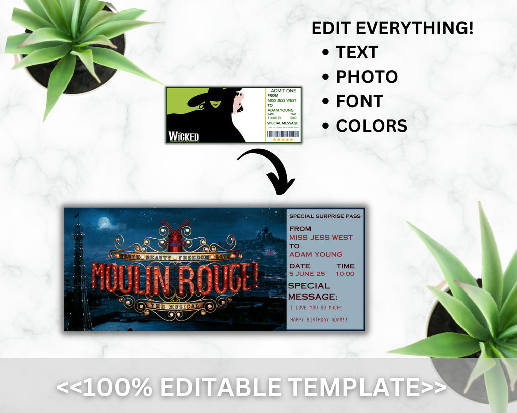 Printable Wicked Broadway Surprise Ticket, Wicked Musical Collectible Theater Ticket, Editable Musical Theatre Faux Event Admission Souvenir