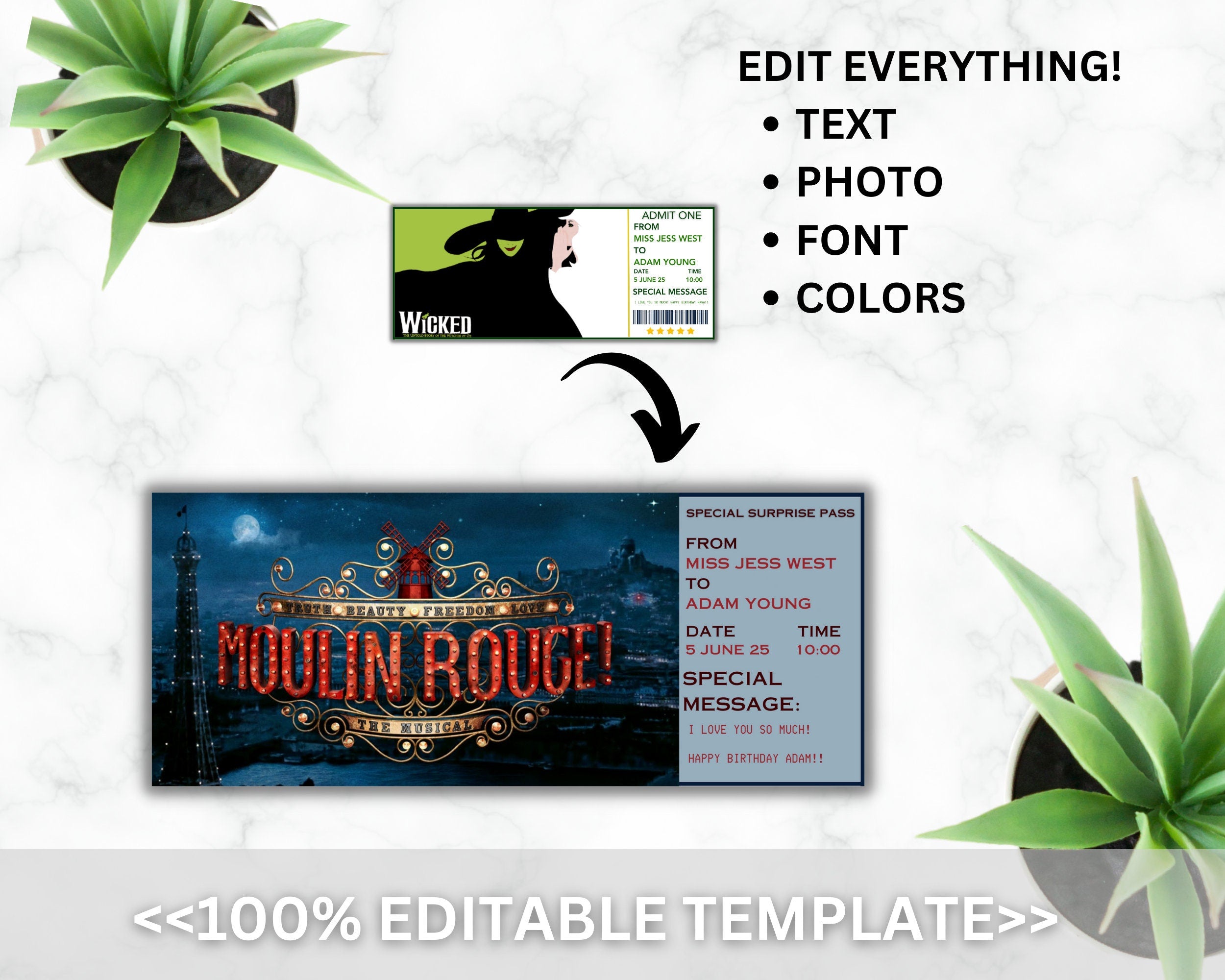 Printable Wicked Broadway Surprise Ticket, Wicked Musical Collectible Theater Ticket, Editable Musical Theatre Faux Event Admission Souvenir