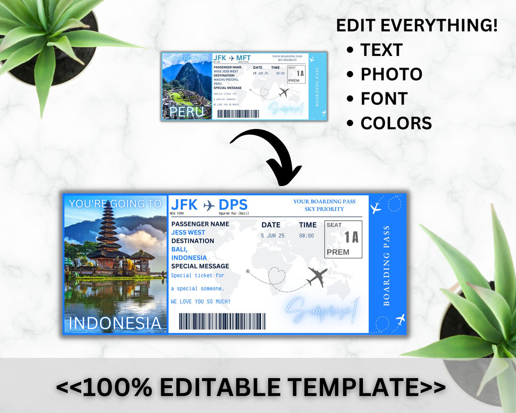 EDITABLE Peru Surprise Boarding Ticket Template Pass, Peru Canva Boarding Pass, Plane Ticket to Ride Vacation Trip Flight Gift Coupon Vol. 1