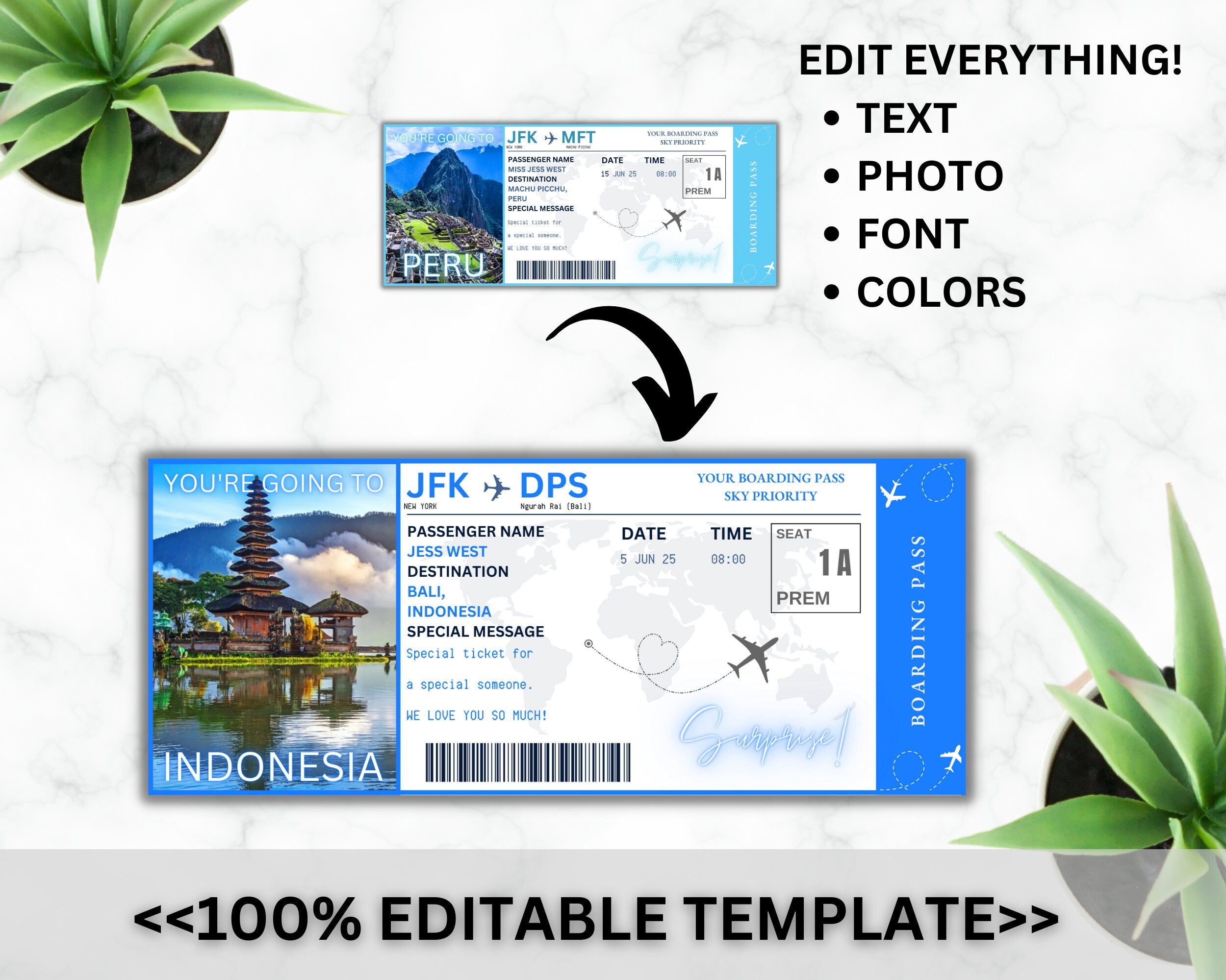 EDITABLE Peru Surprise Boarding Ticket Template Pass, Peru Canva Boarding Pass, Plane Ticket to Ride Vacation Trip Flight Gift Coupon Vol. 1