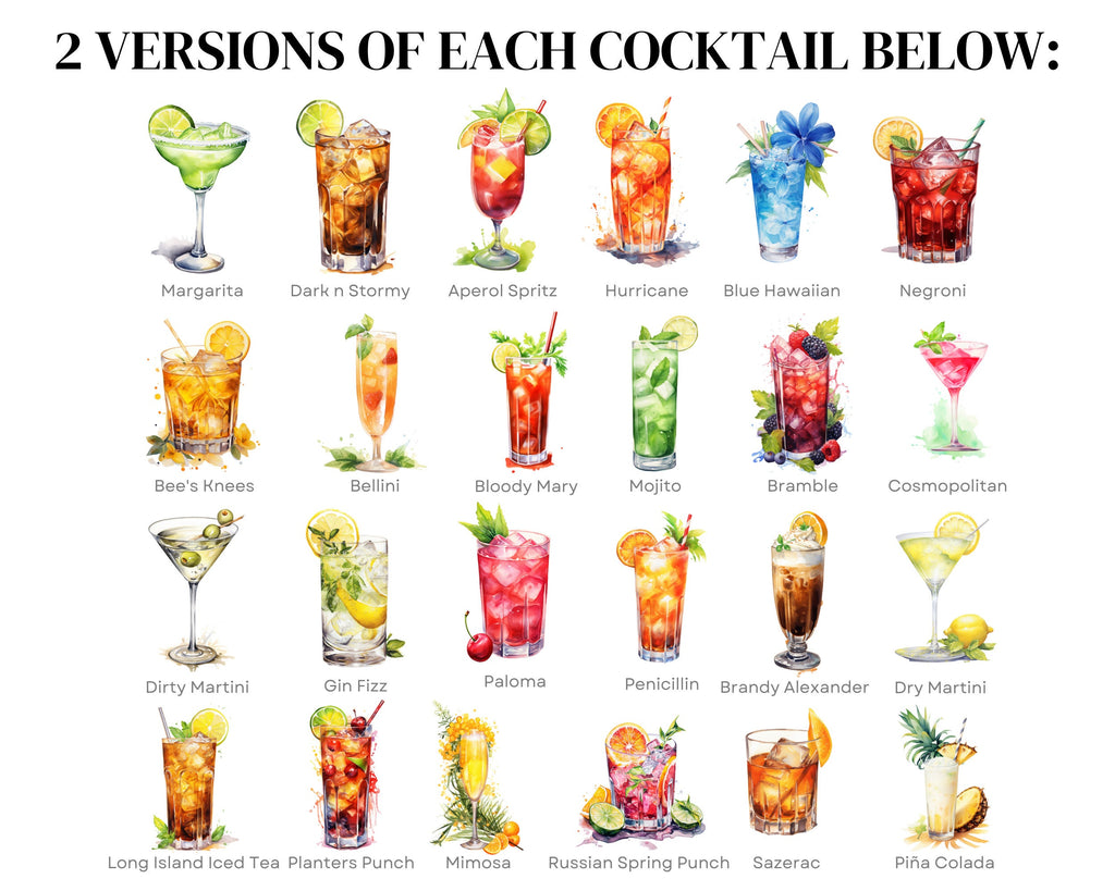 Watercolor Cocktail Clipart, Summer Drinks, Bar Menu Graphics (105 PNG)