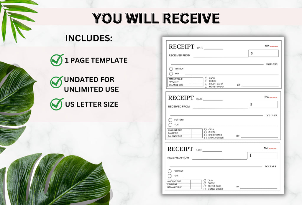 PRINTABLE Money or Rent Receipt | Cash Receipt | Sales Receipt | Business Receipt | Rental Receipt | Printable Receipt | Receipt Form | PDF
