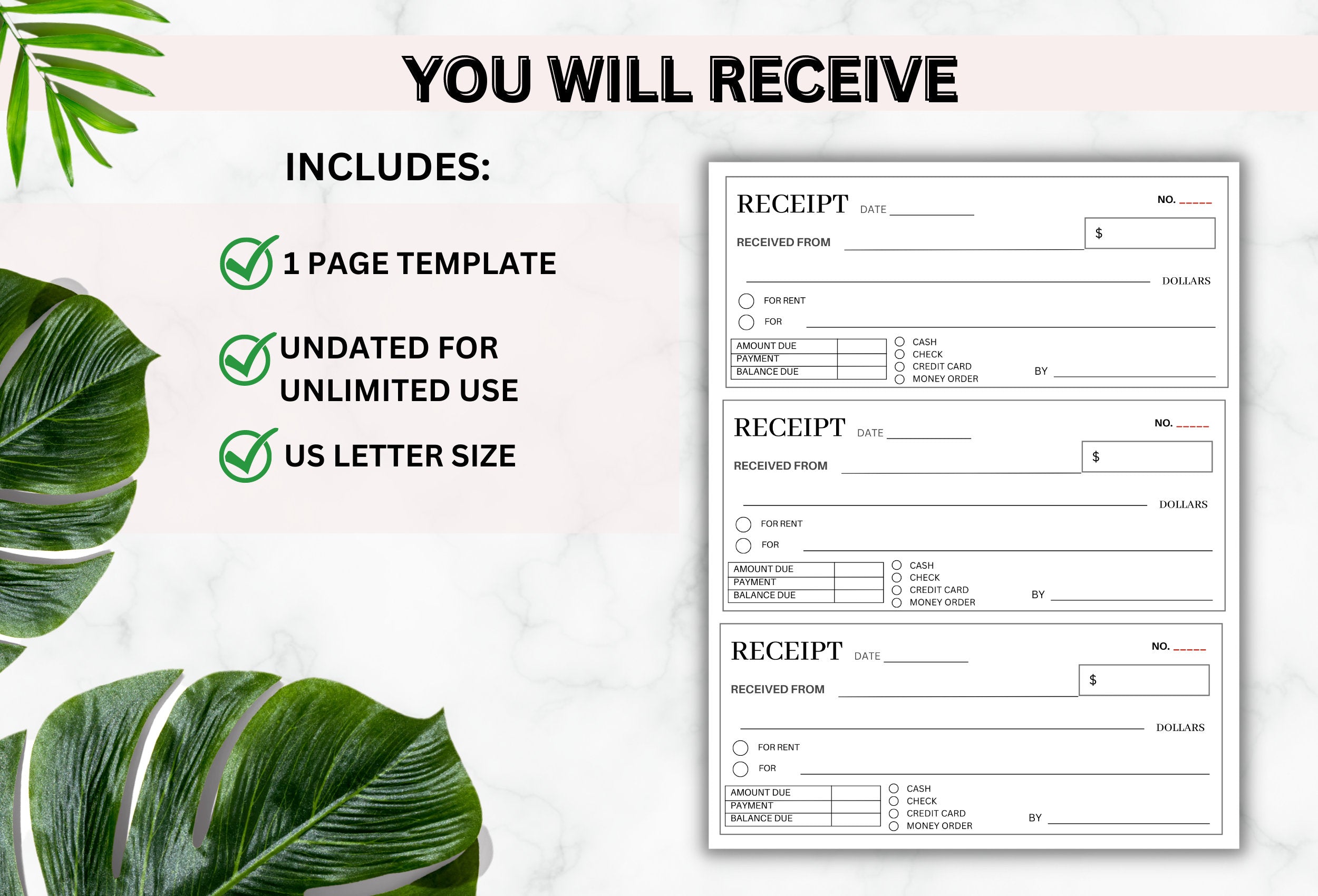 PRINTABLE Money or Rent Receipt | Cash Receipt | Sales Receipt | Business Receipt | Rental Receipt | Printable Receipt | Receipt Form | PDF