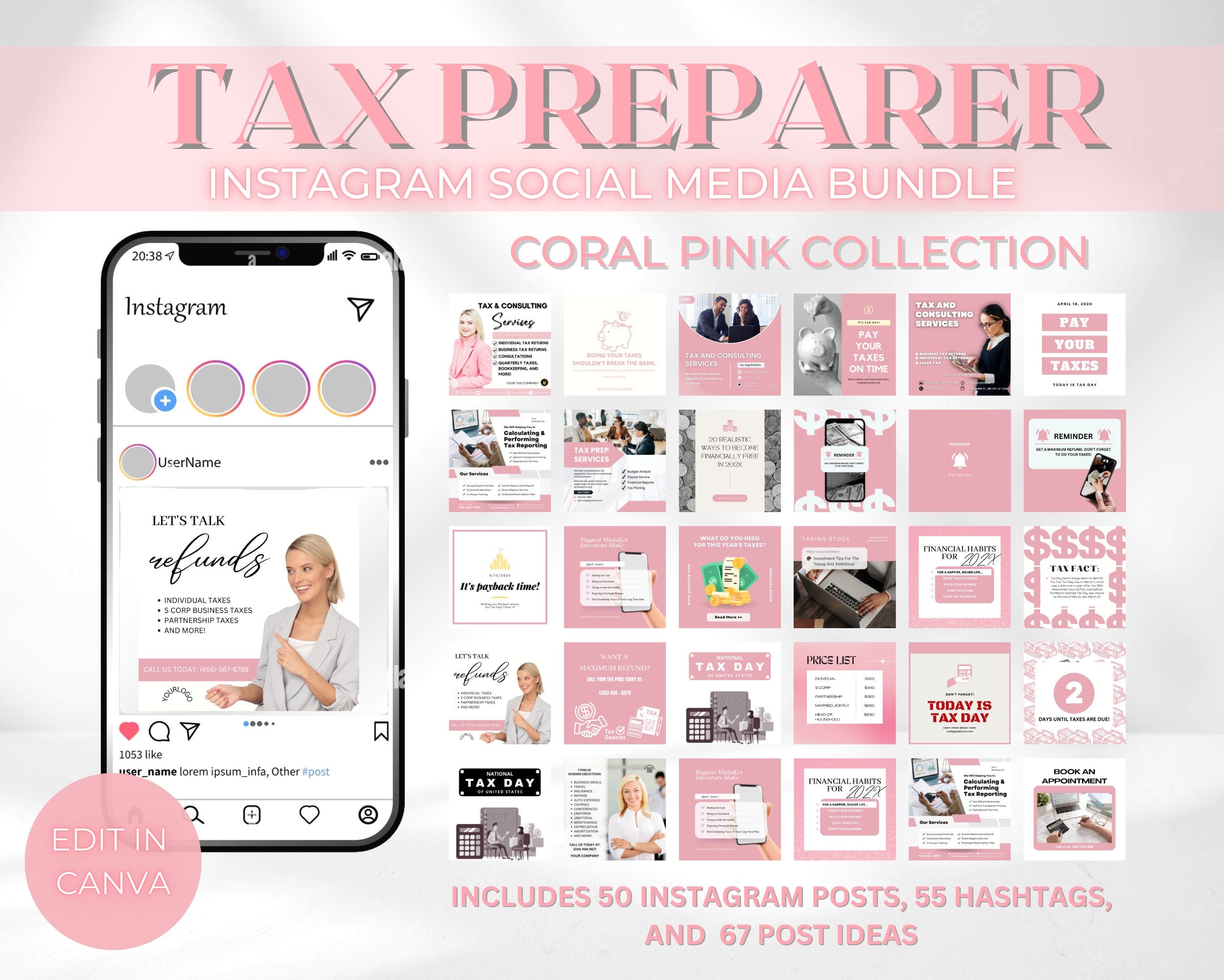 Tax Preparer Instagram Templates, Pink Coral Social Media Bundle