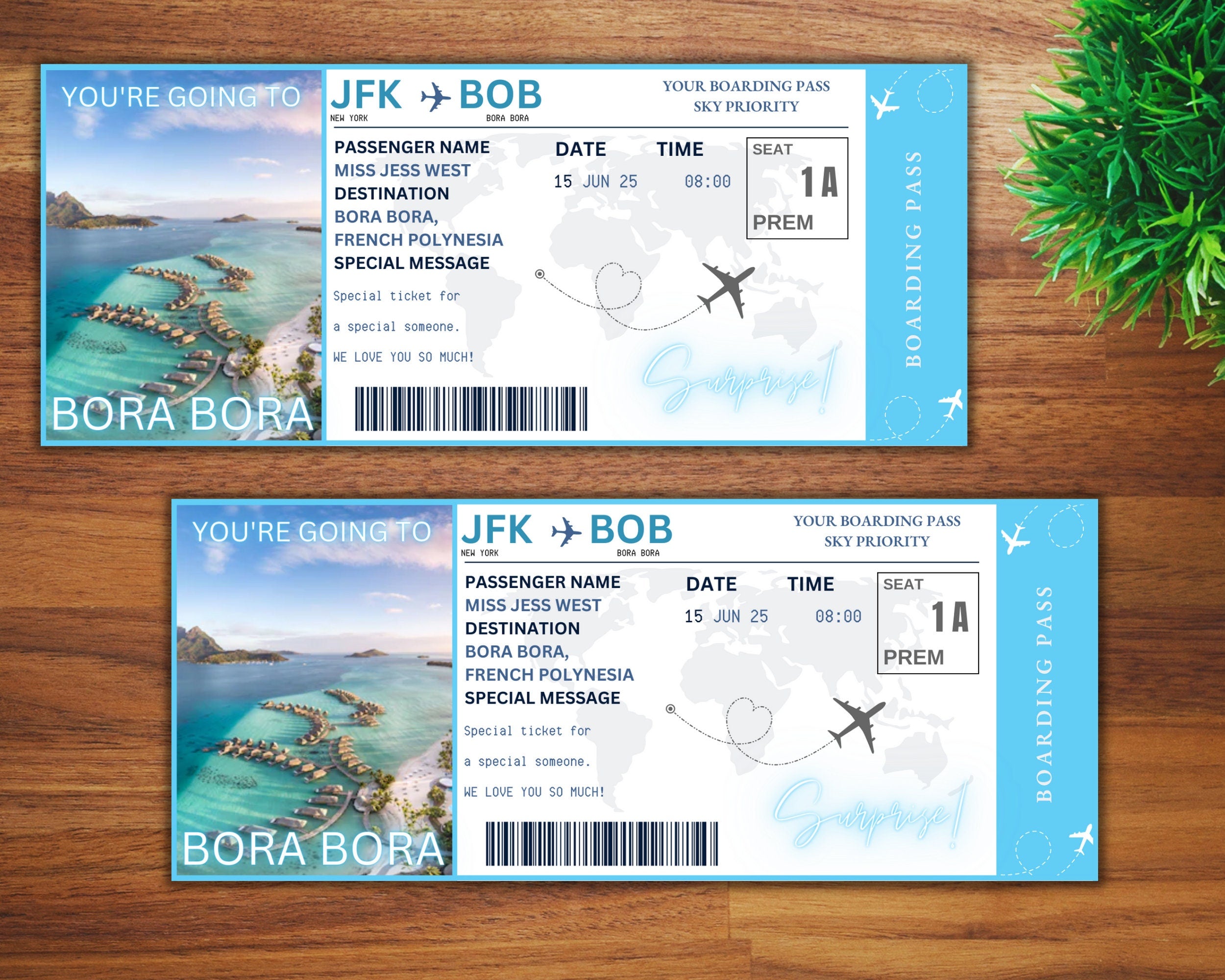 Bora Bora Surprise Boarding Pass Template, Editable Canva Flight Ticket (Digital Download)