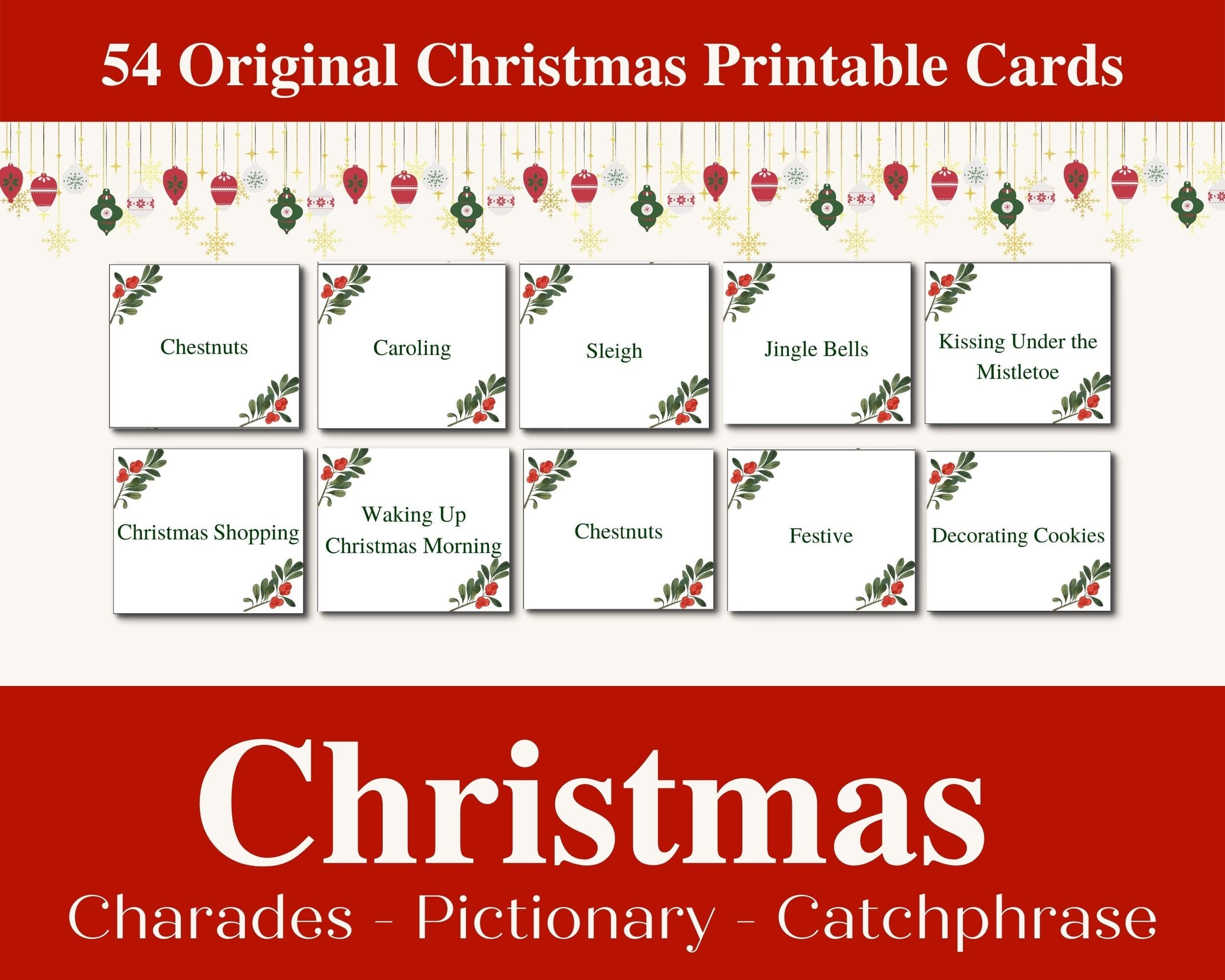 Christmas Charades, Pictionary, Catchphrase Game, 54 Printable Cards (Digital Download)