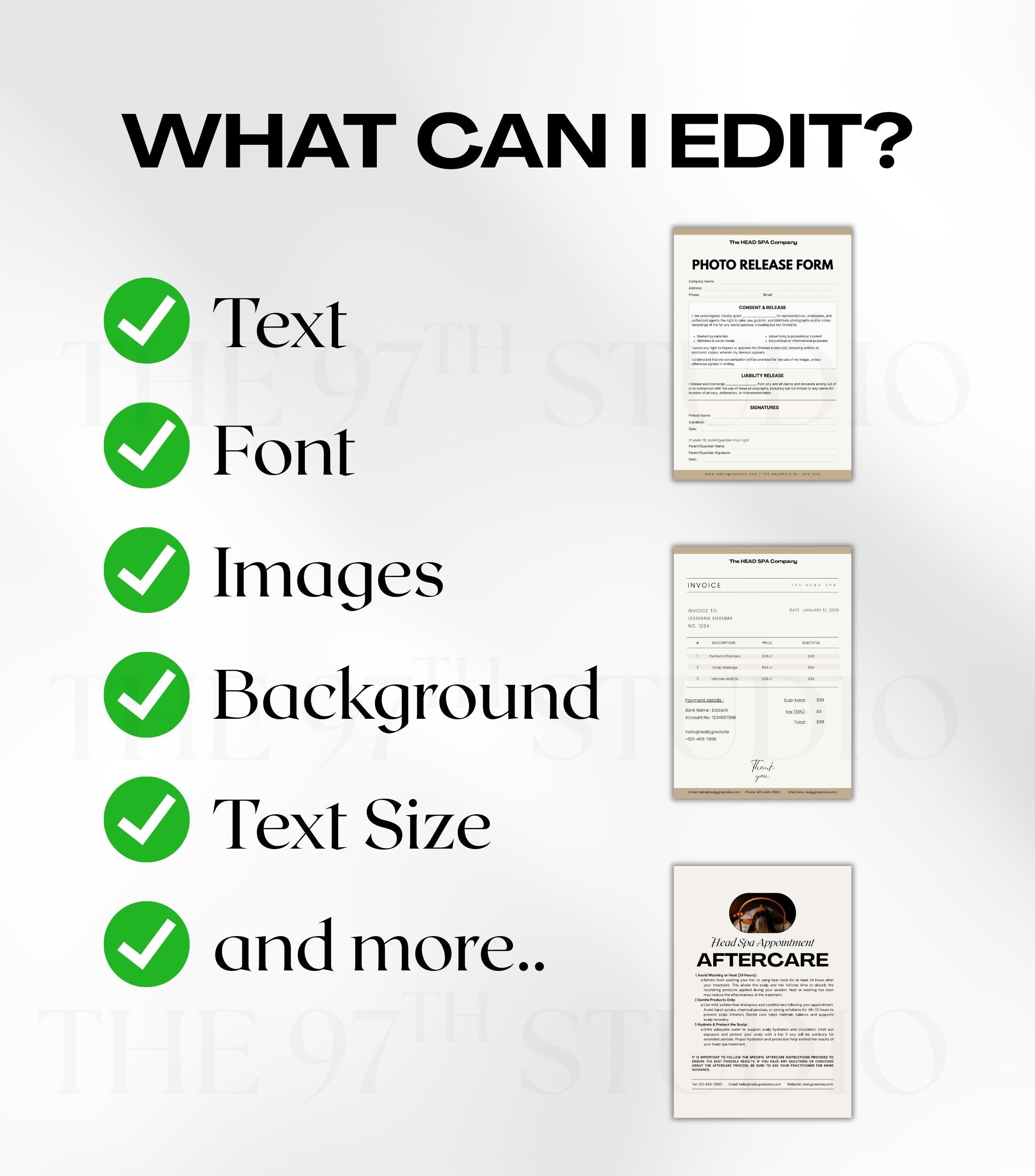 Headspa Business Forms, Headspa Consultation Forms, Headspa Therapy Aftercare, Consent Form, Aftercare Instructions, Photo Release Forms