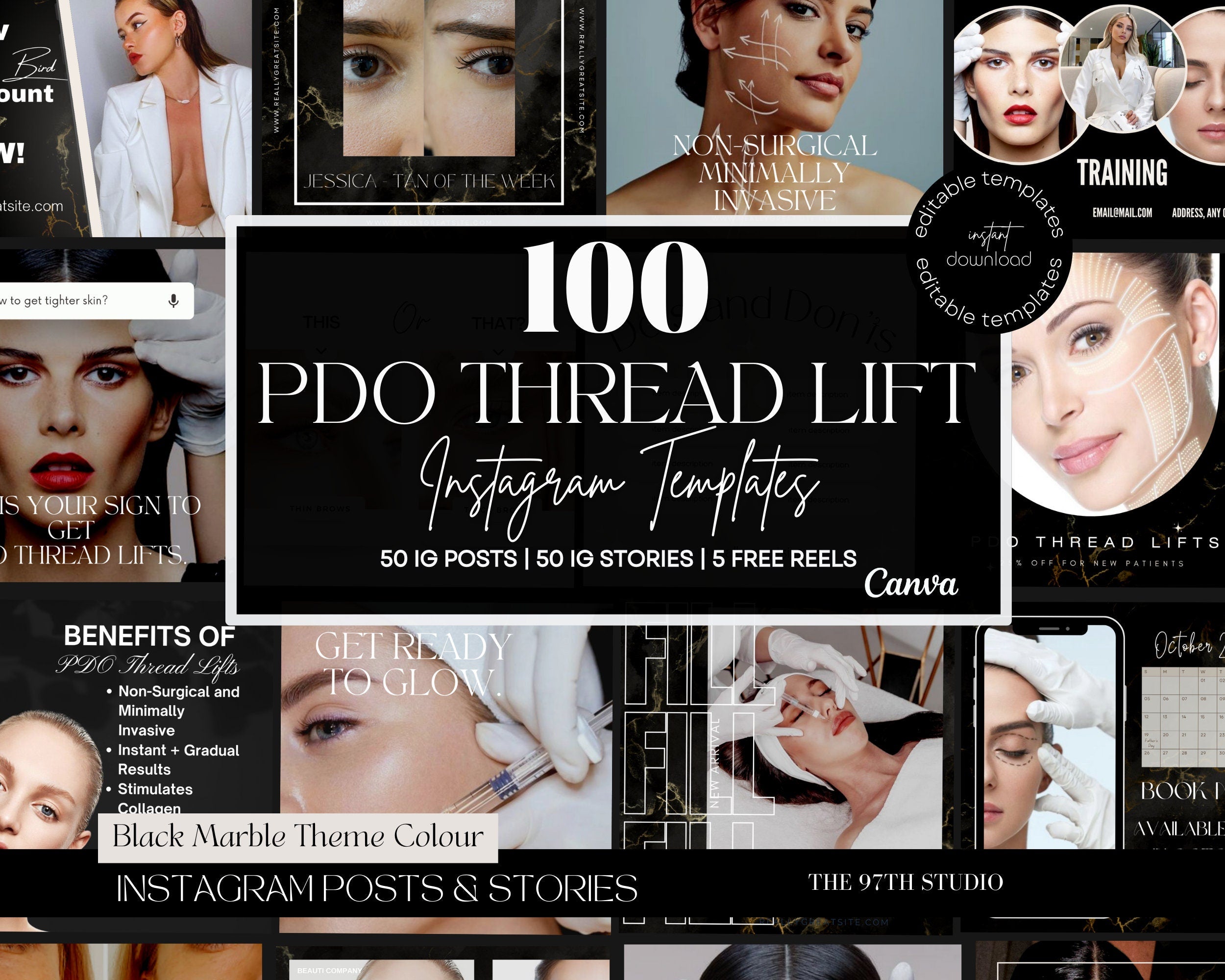 100 PDO Threads Instagram Templates | Nurse Injector Instagram | Facial Thread Lift Instagram | Medspa | Face Lift | Thread Lift | Luxury