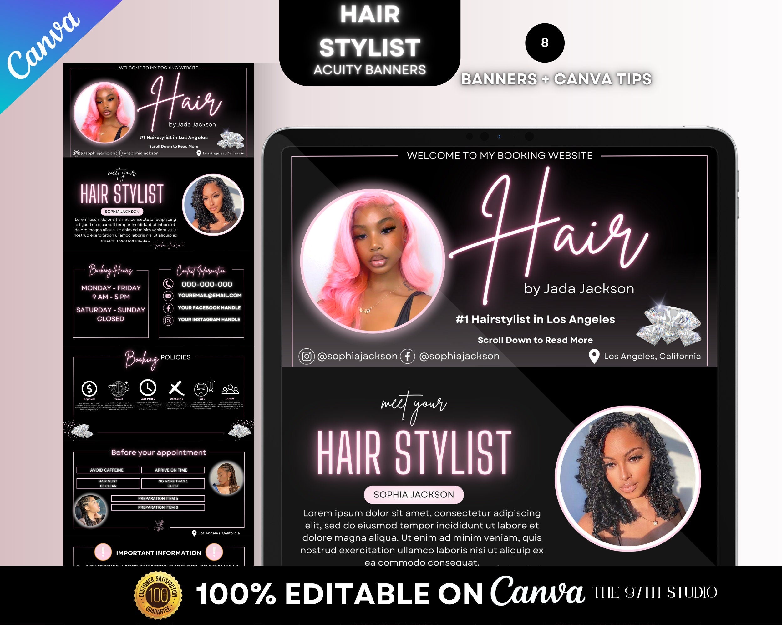 PINK Acuity Scheduling Template HAIRSTYLIST, Hair Acuity Website Template, Acuity Website Banner, Acuity Booking Template,Web Banner, Luxury