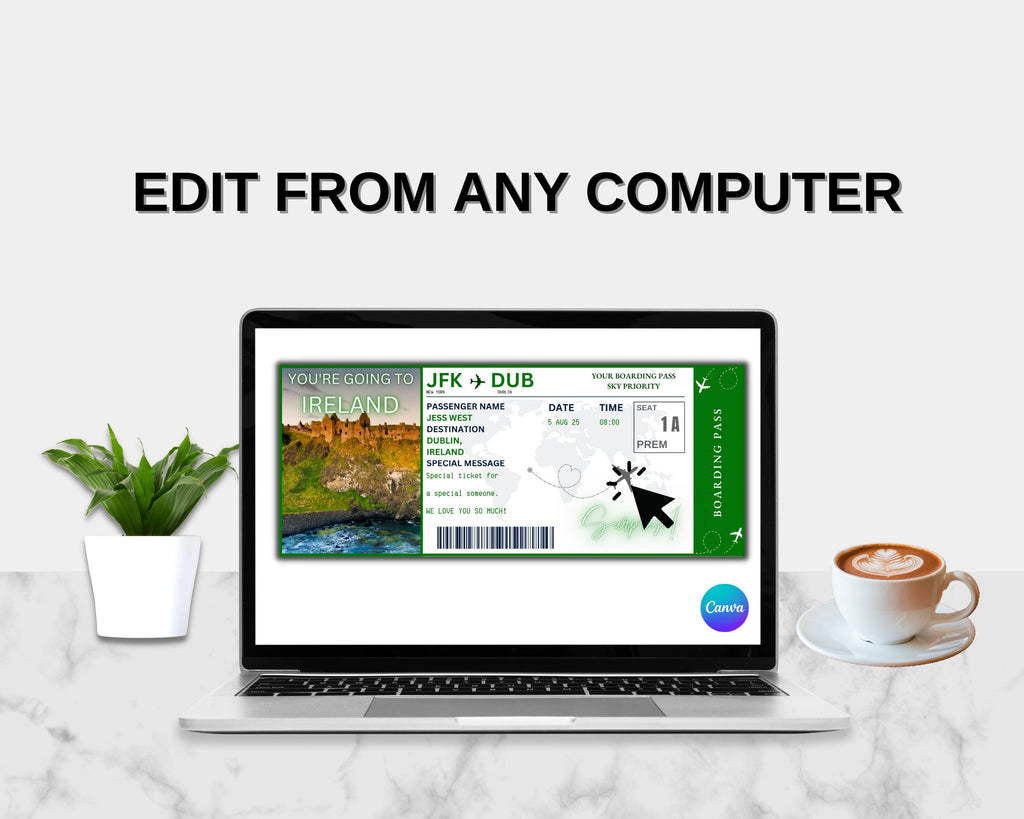 Ireland Surprise Boarding Pass Template, Editable Canva Ticket (Digital Download)