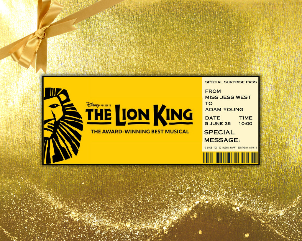 EDITABLE LION KING Broadway Surprise Ticket,Musical Collectible Theater Ticket, Lion King Editable Musical Theatre Event Souvenir Ticket