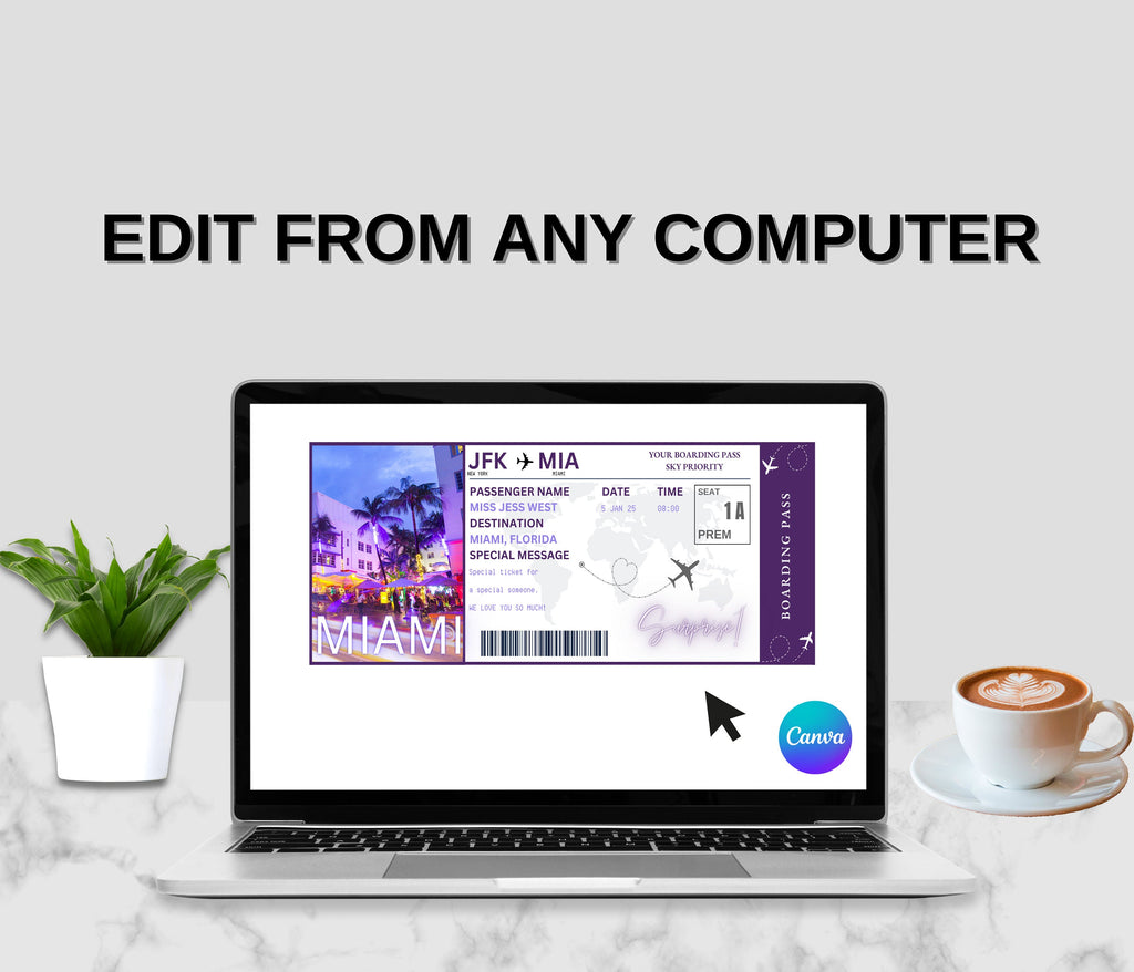 Editable Miami Boarding Pass Template, Surprise Vacation Gift (DIY Canva)