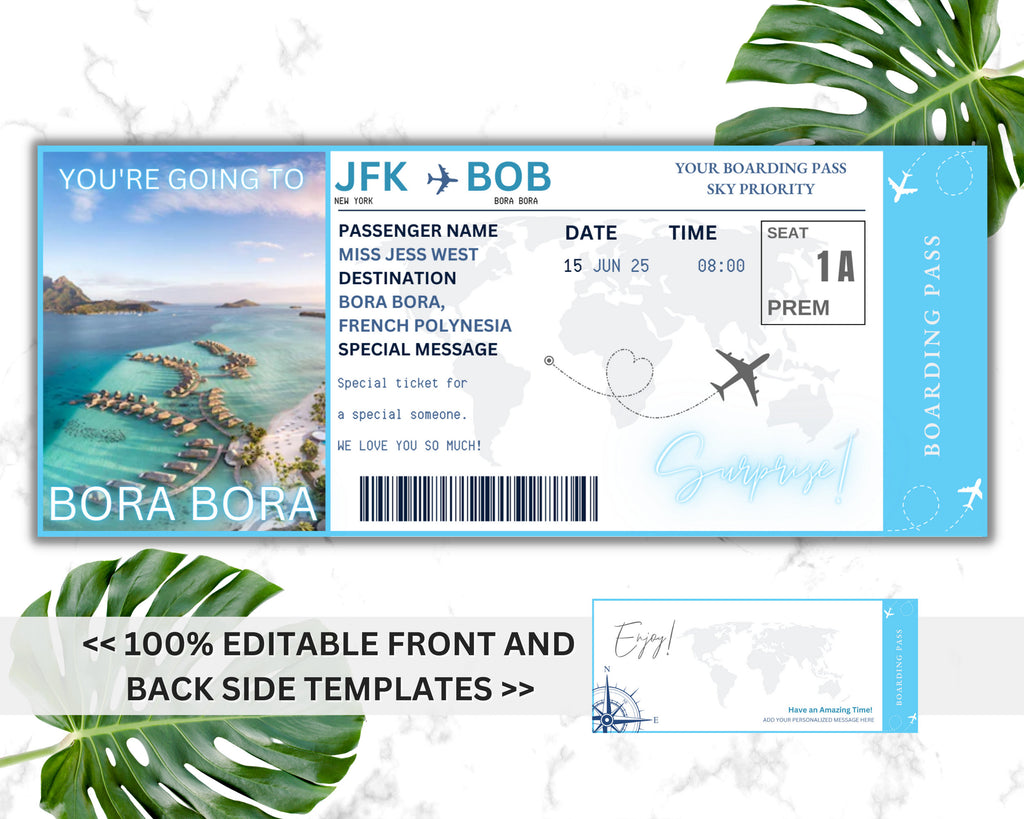 Bora Bora Surprise Boarding Pass Template, Editable Canva Flight Ticket (Digital Download)