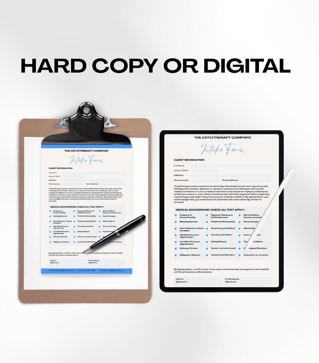 Cryotherapy Business Forms, Cryotherapy Client Intake Forms, Cryotherapy Aftercare, Consent Form, Cryotherapy Aftercare Instructions Card