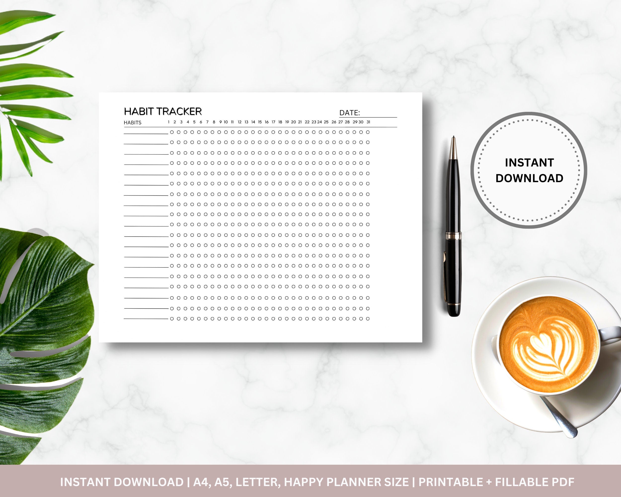 Monthly Habit Tracker Printable, A4/Letter Sizes (Instant Download PDF)