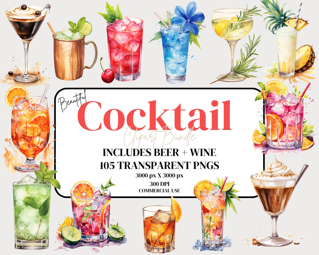 Watercolor Cocktail Clipart, Summer Drinks, Bar Menu Graphics (105 PNG)