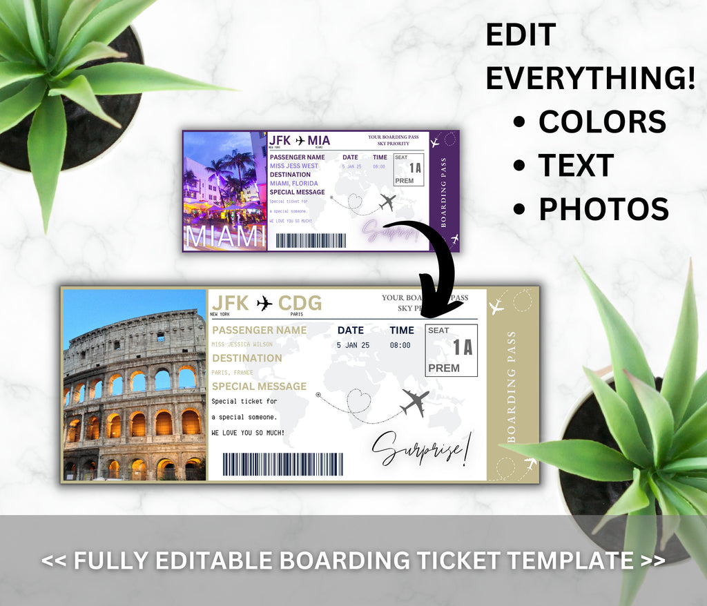 Editable Miami Boarding Pass Template, Surprise Vacation Gift (DIY Canva)