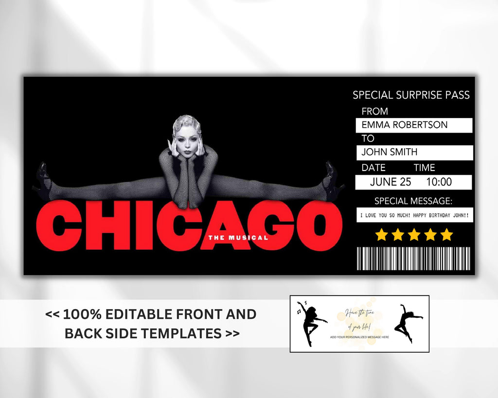 EDITABLE CHICAGO Broadway Surprise Ticket, Chicago Musical Collectible Theater Ticket, Chicago Musical Theatre Event Souvenir Ticket DIY