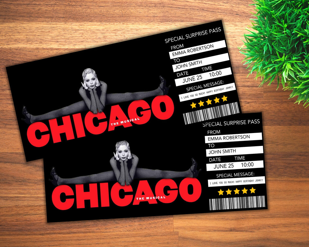 EDITABLE CHICAGO Broadway Surprise Ticket, Chicago Musical Collectible Theater Ticket, Chicago Musical Theatre Event Souvenir Ticket DIY